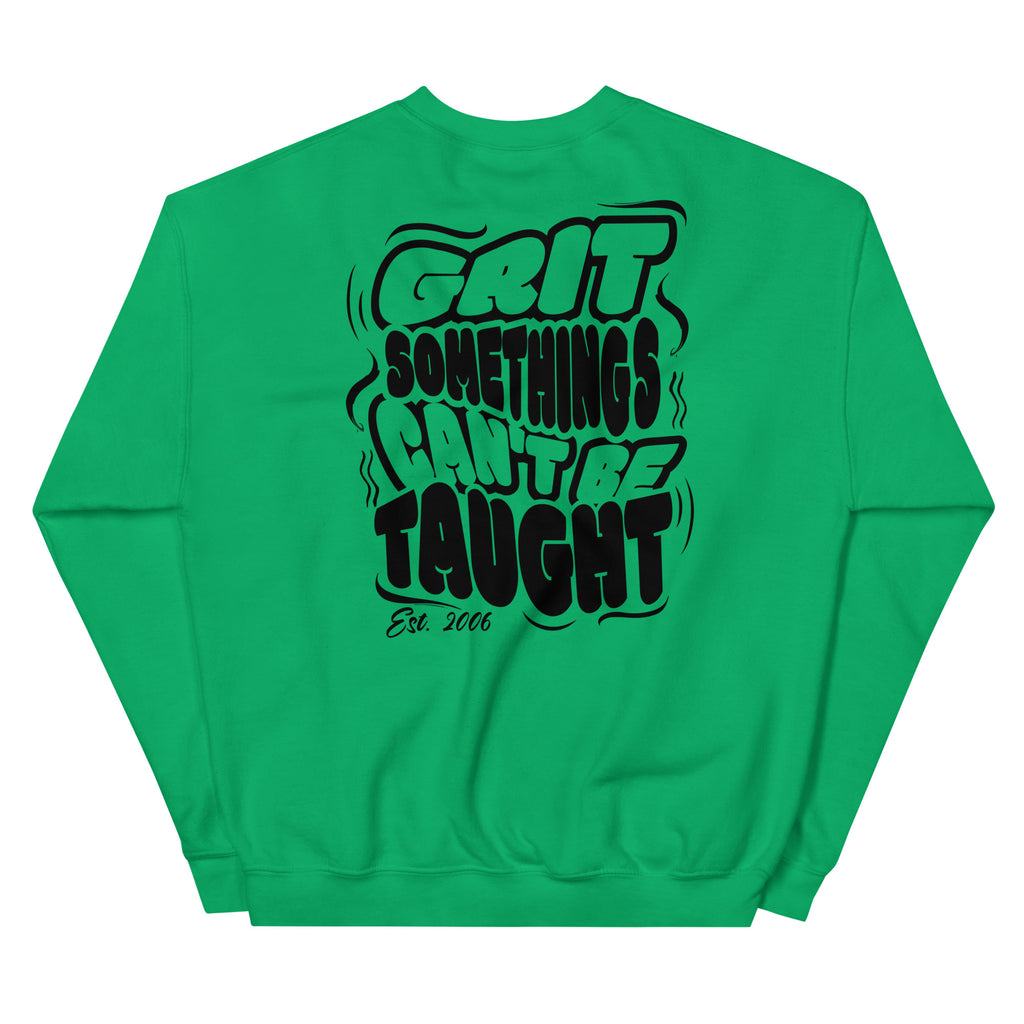 Green sweatshirt with black text on a white background