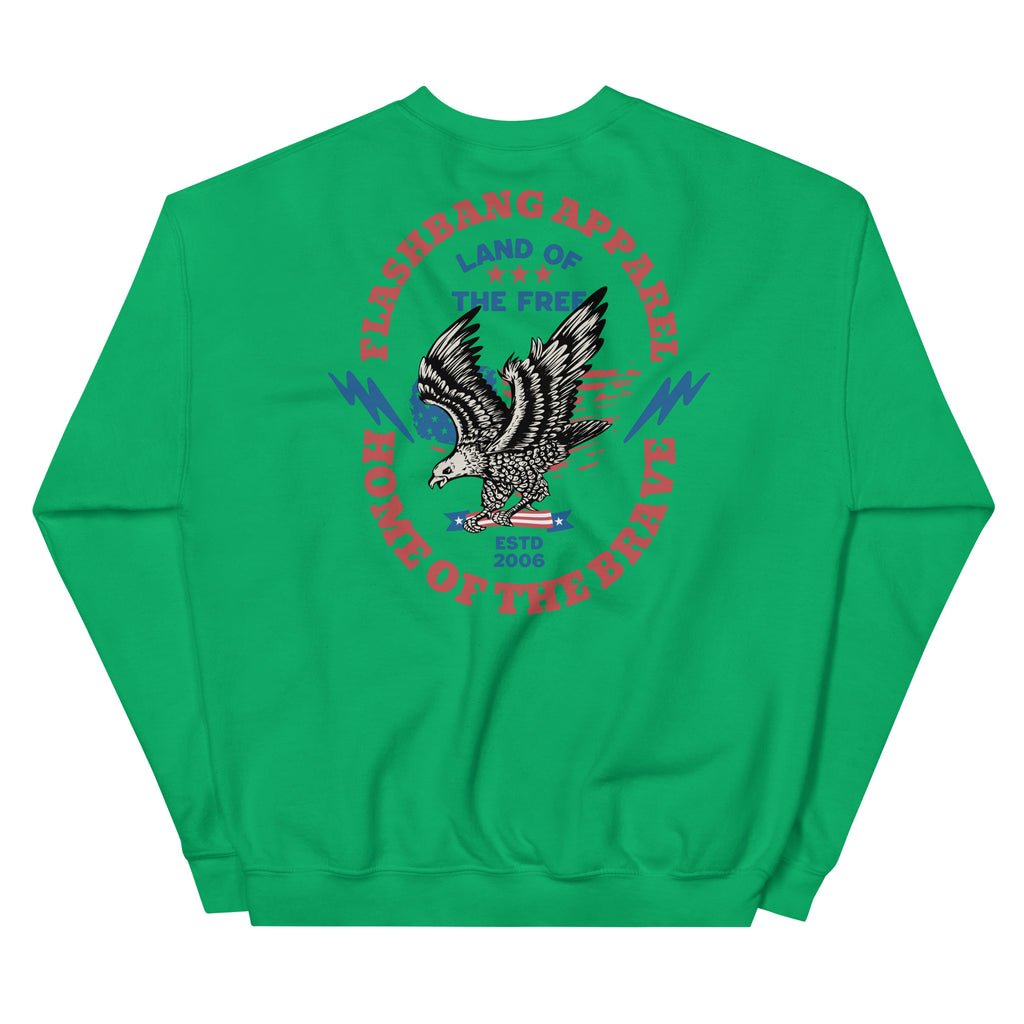 Green sweatshirt with eagle graphic and text on a white background