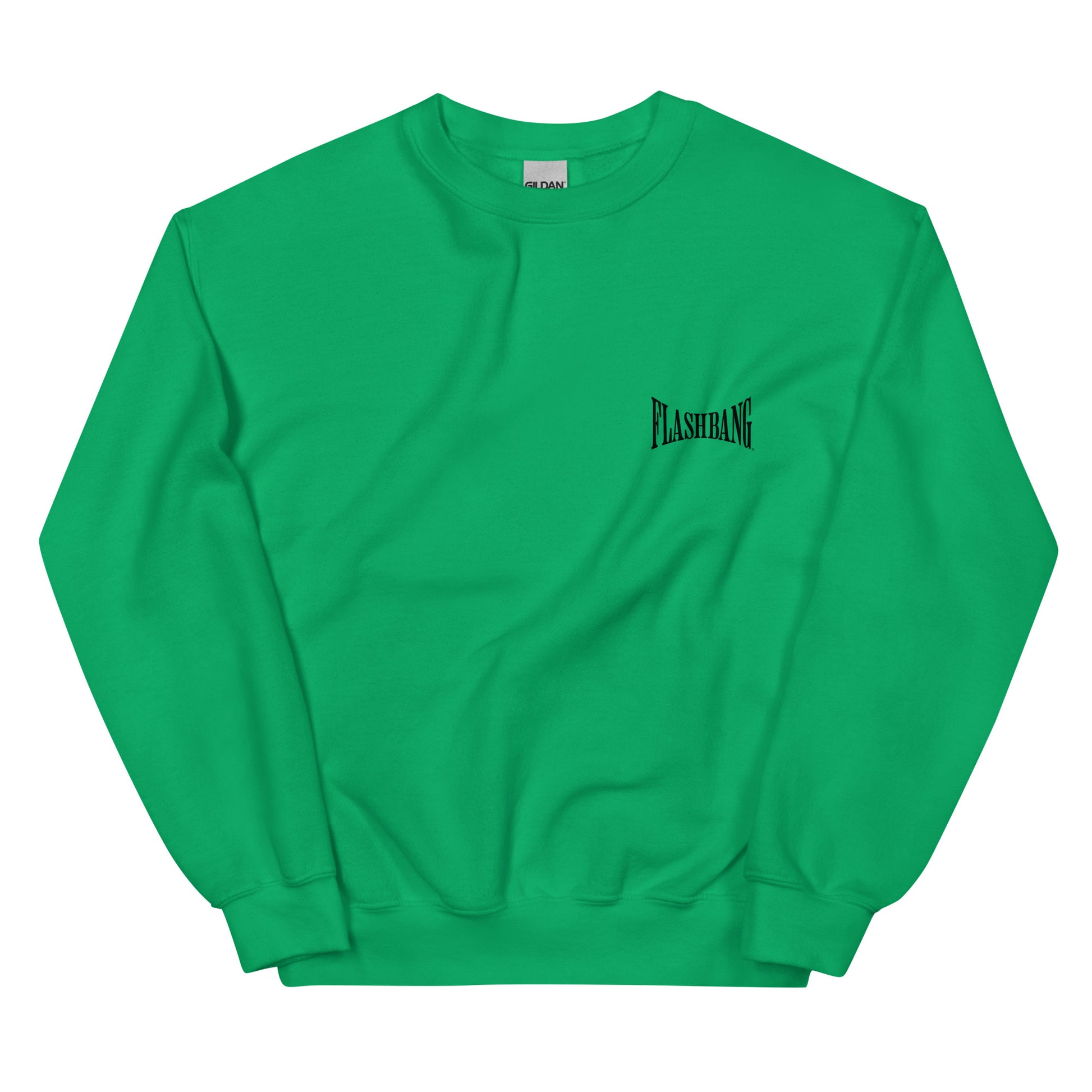 Green sweatshirt with 'Flashbang' logo on a white background