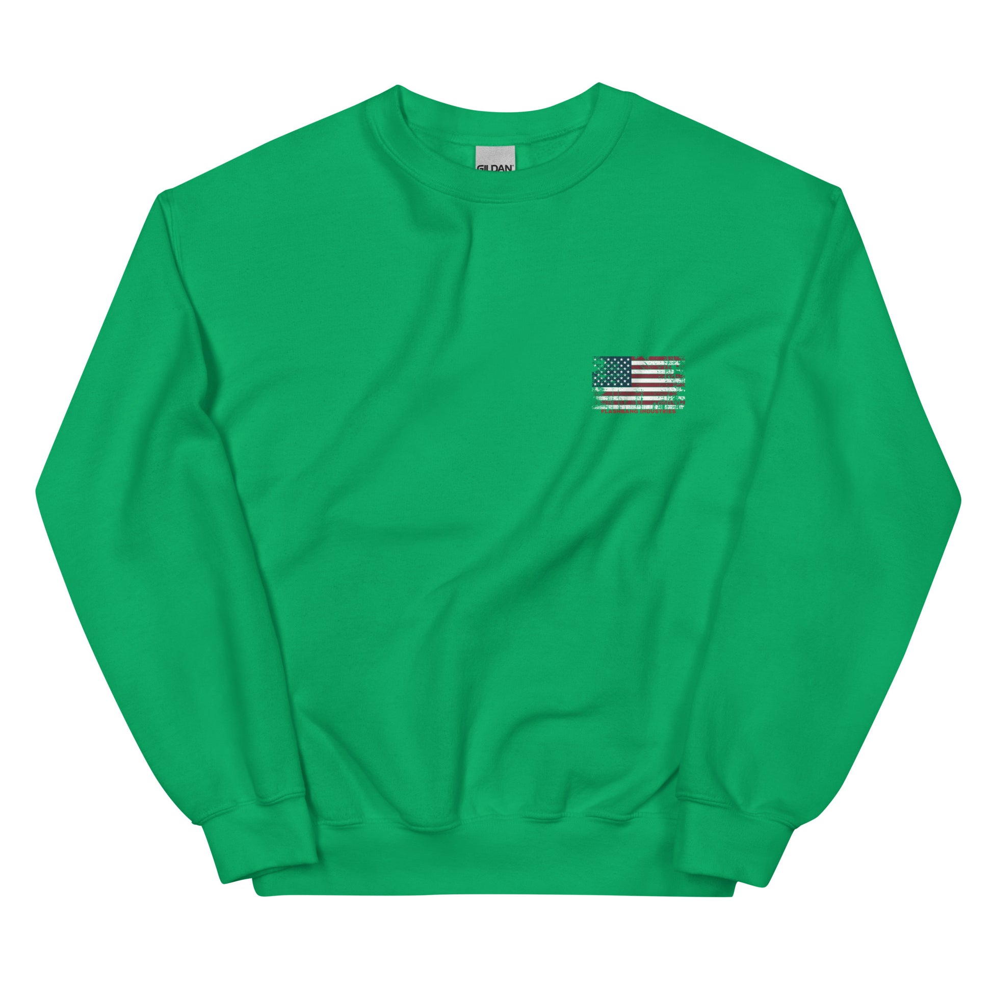 Green sweatshirt with a small American flag patch on a white background