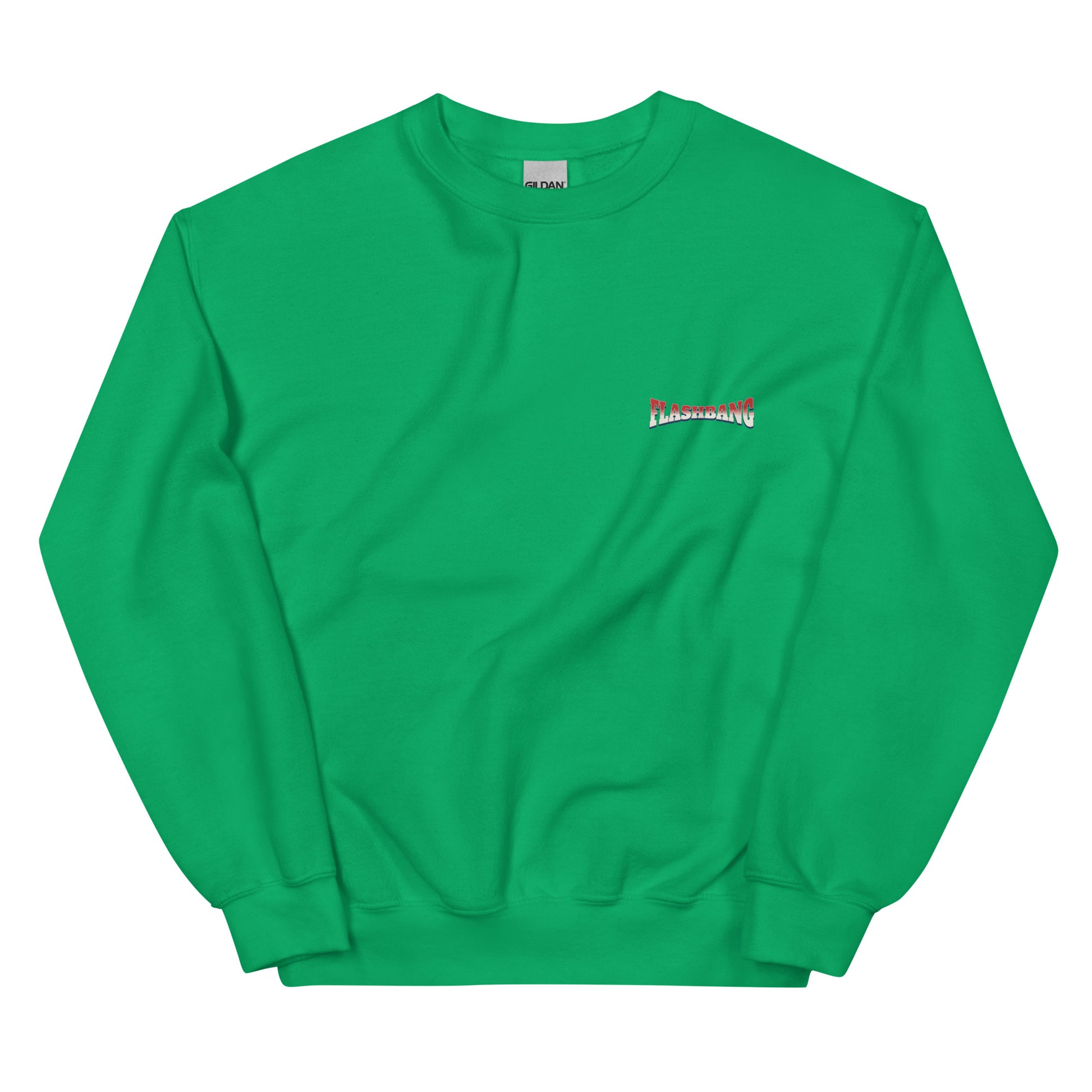 Green sweatshirt with a logo on the chest against a white background