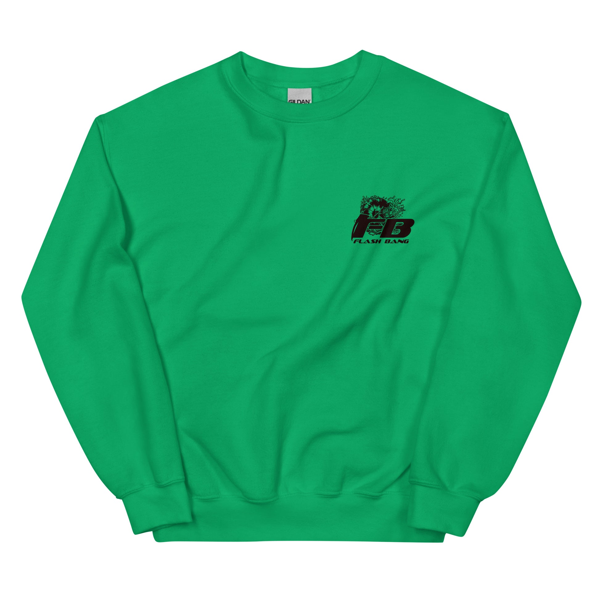 Green sweatshirt with a black logo on a white background