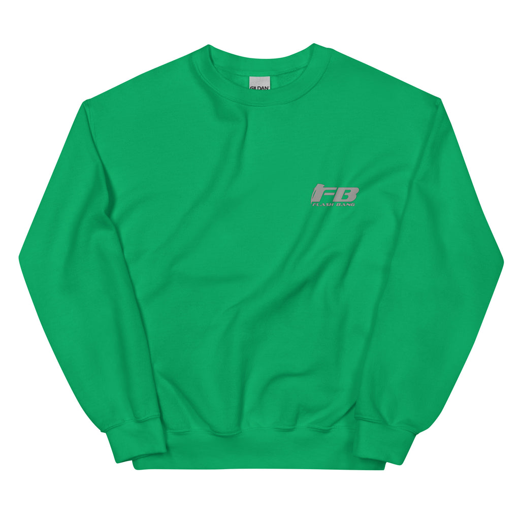 Green sweatshirt with a logo on the chest against a white background