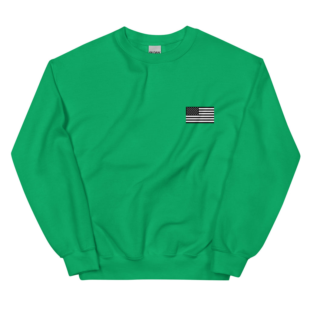 Green sweatshirt with a small American flag patch on a white background
