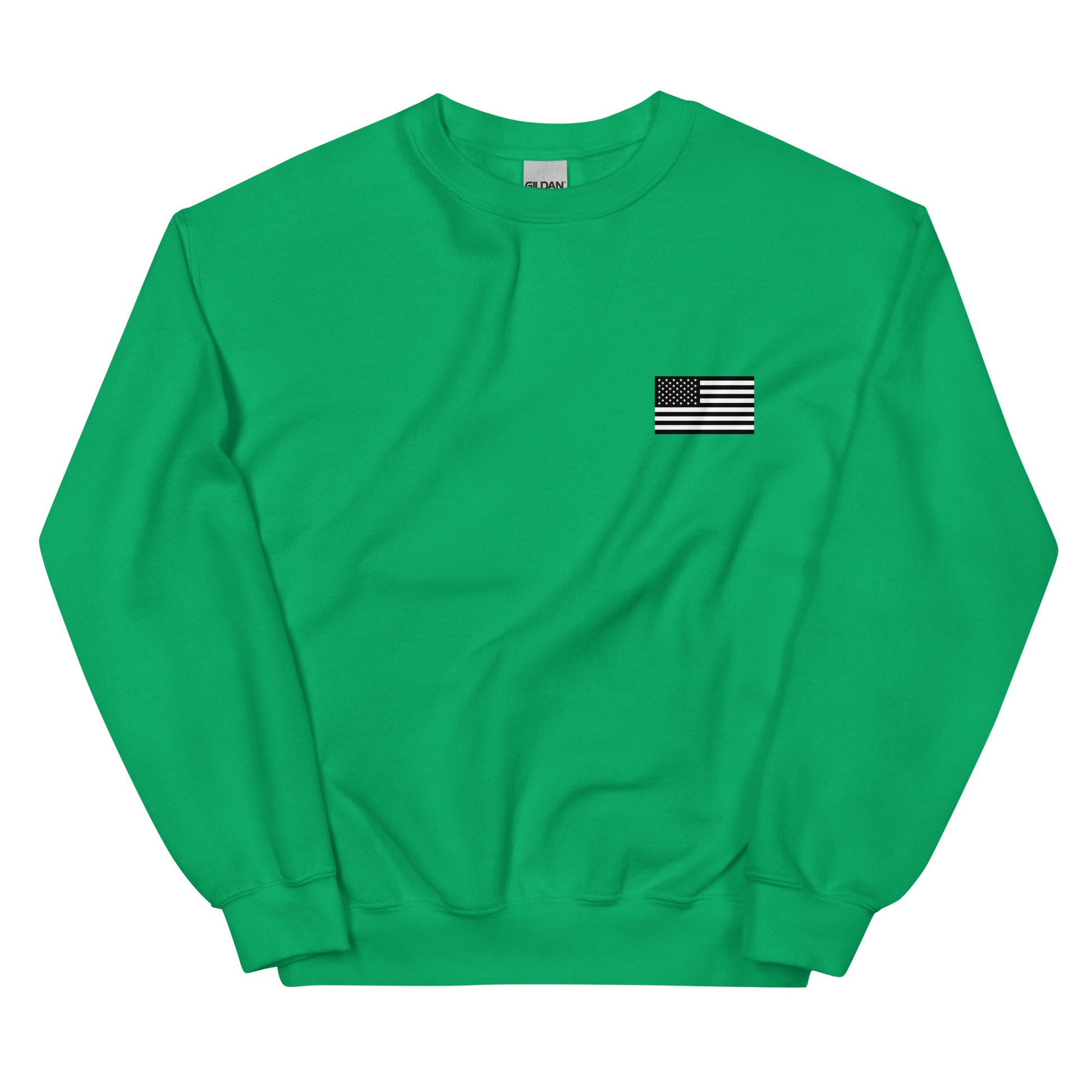 Green sweatshirt with a small American flag patch on a white background