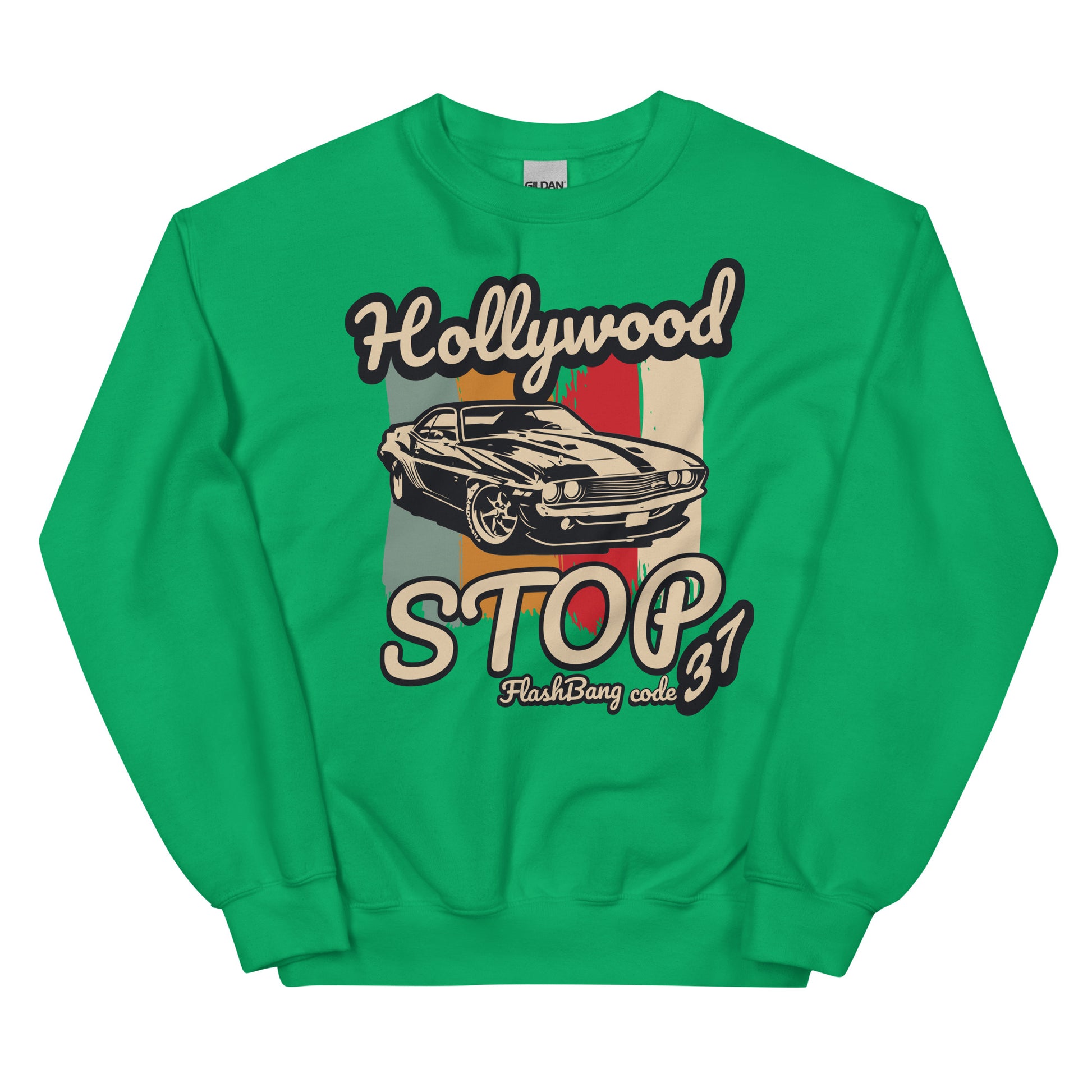 Green sweatshirt with a graphic of a car and text on a white background