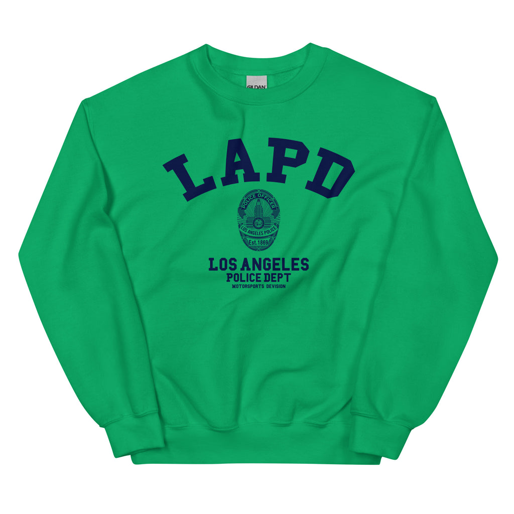 Green sweatshirt with LAPD Los Angeles Police Dept logo on a white background