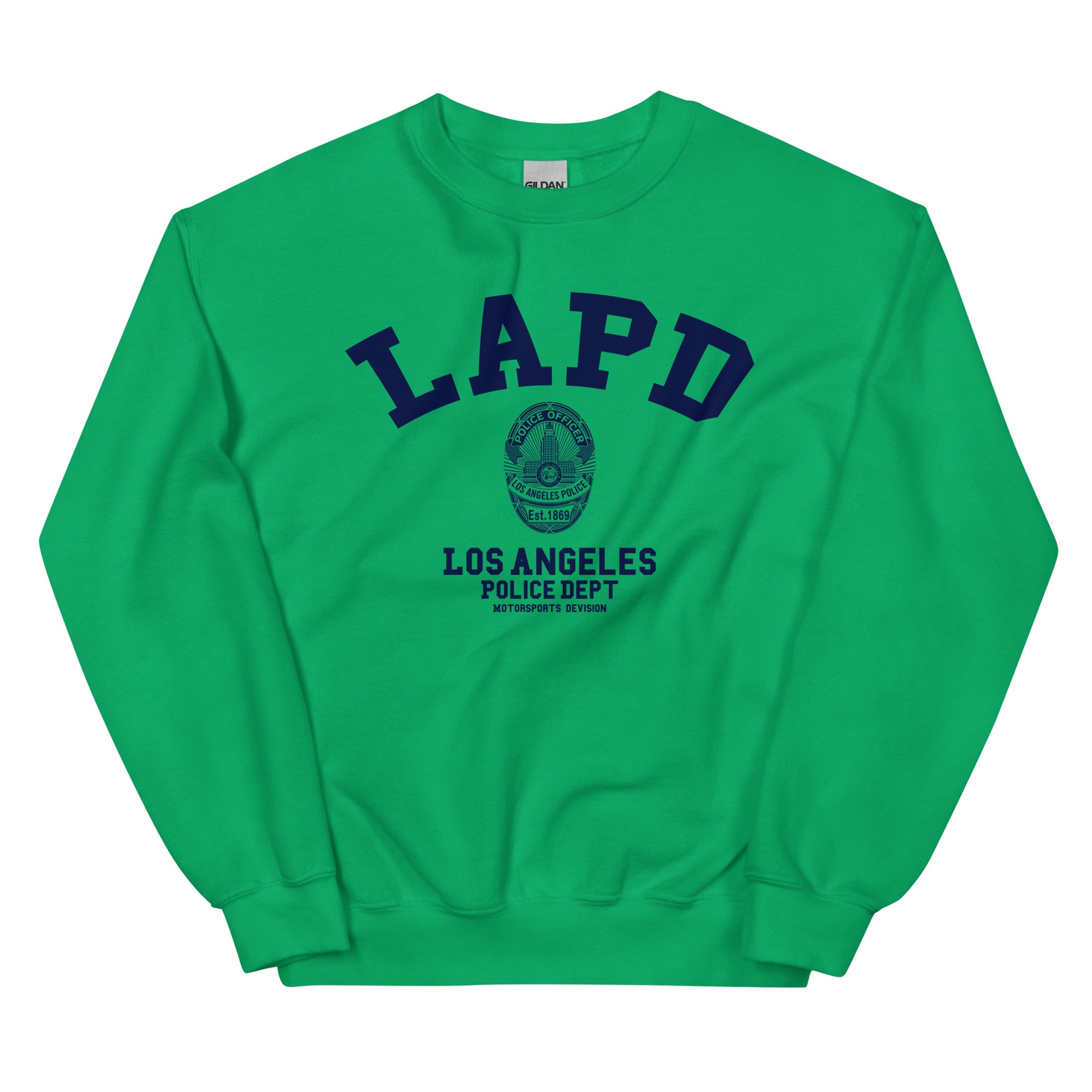 Green sweatshirt with LAPD Los Angeles Police Dept logo on a white background