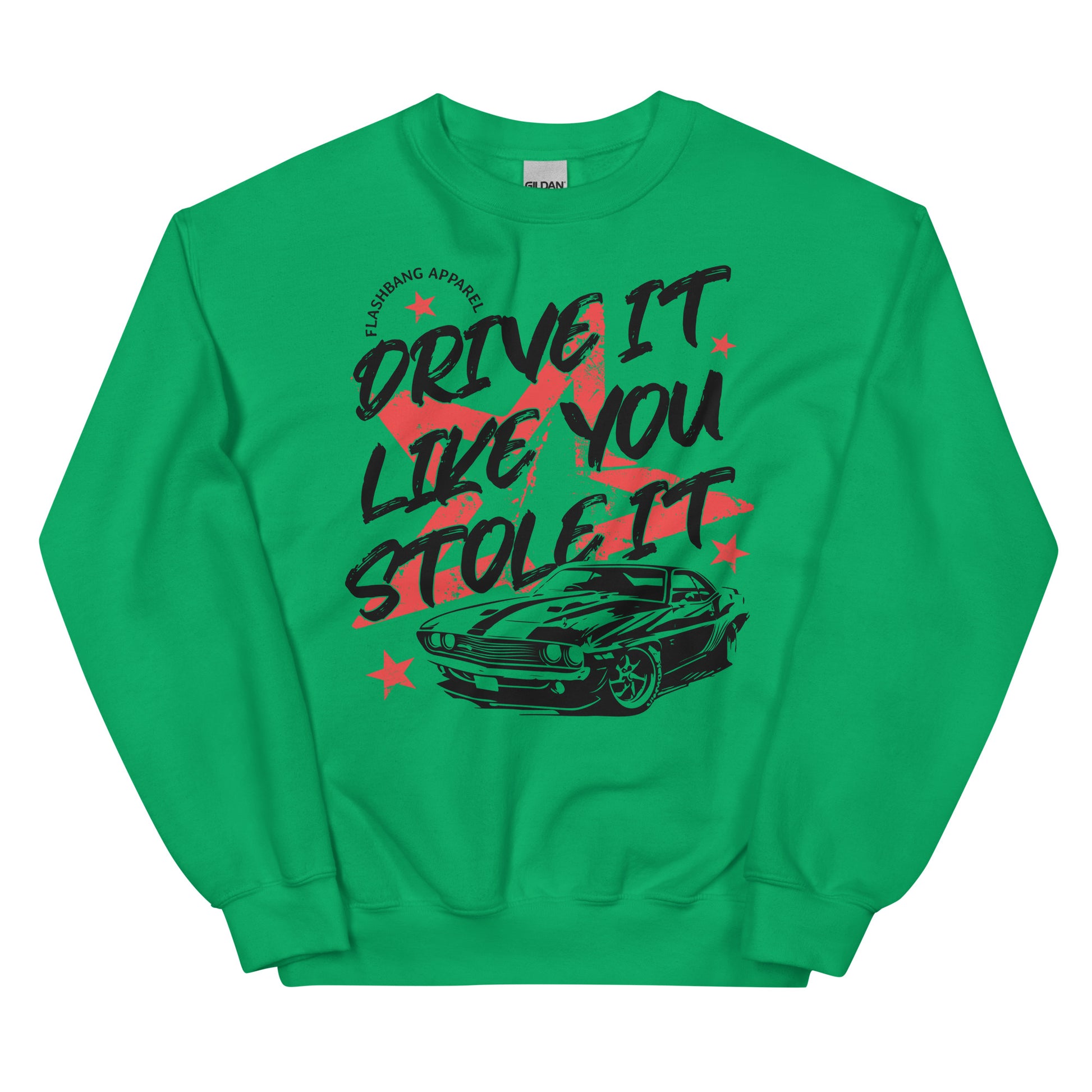 Green sweatshirt with black graphic and text on a white background