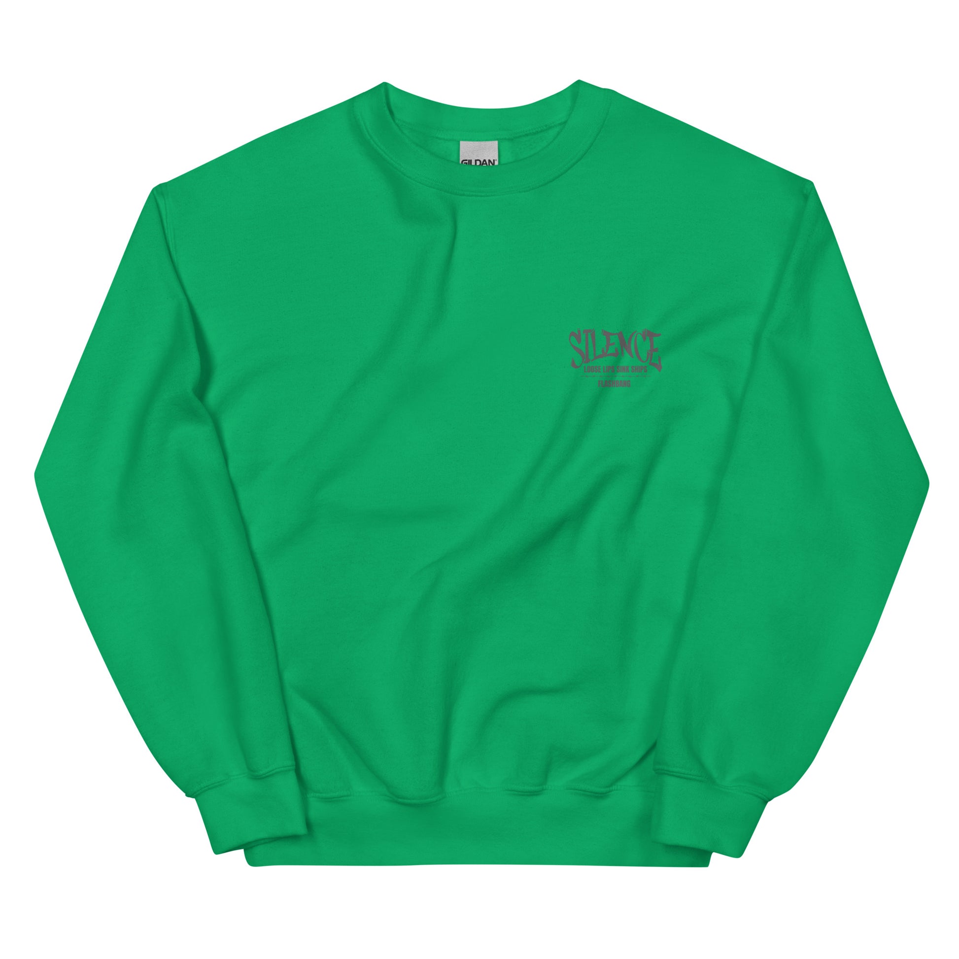 Green sweatshirt with a logo on the chest against a white background