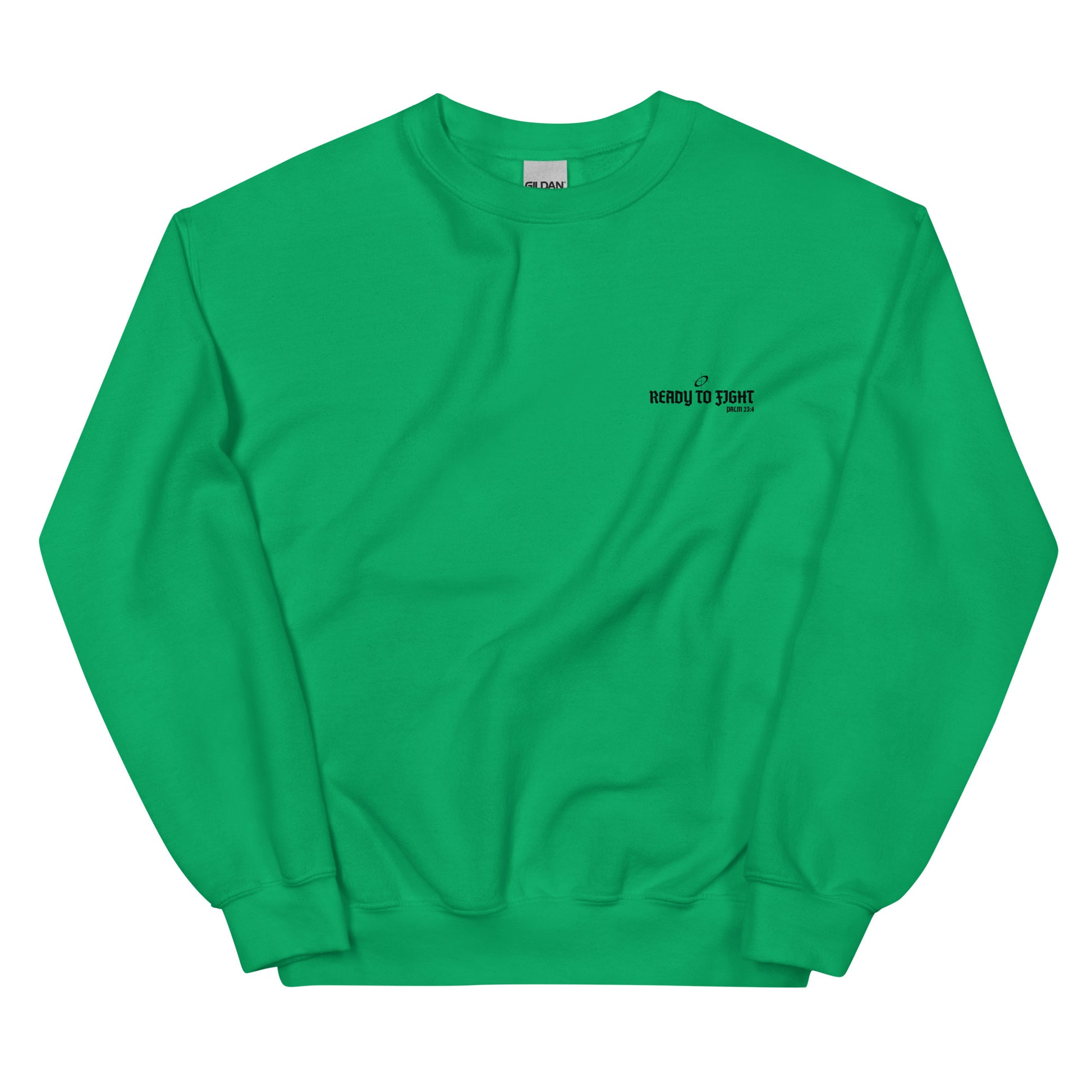 Green sweatshirt with text on a white background