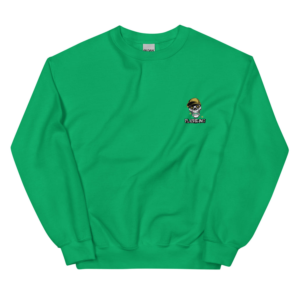 Green sweatshirt with a small logo on the chest against a white background