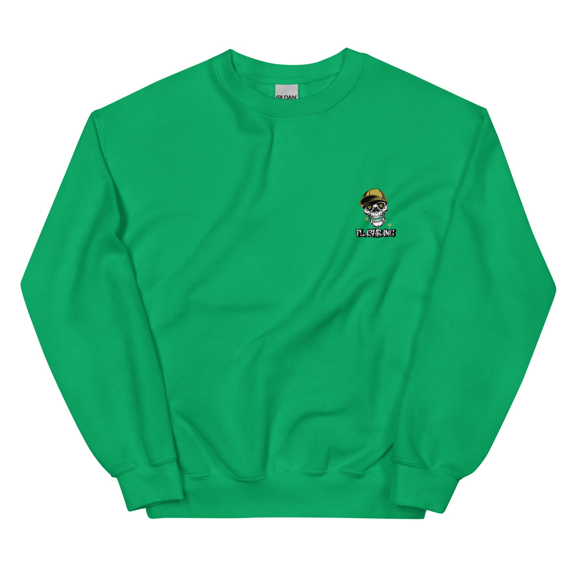 Green sweatshirt with a small logo on the chest against a white background