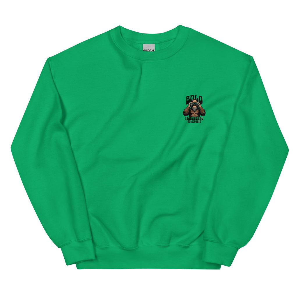 Green sweatshirt with a small logo on the chest against a white background