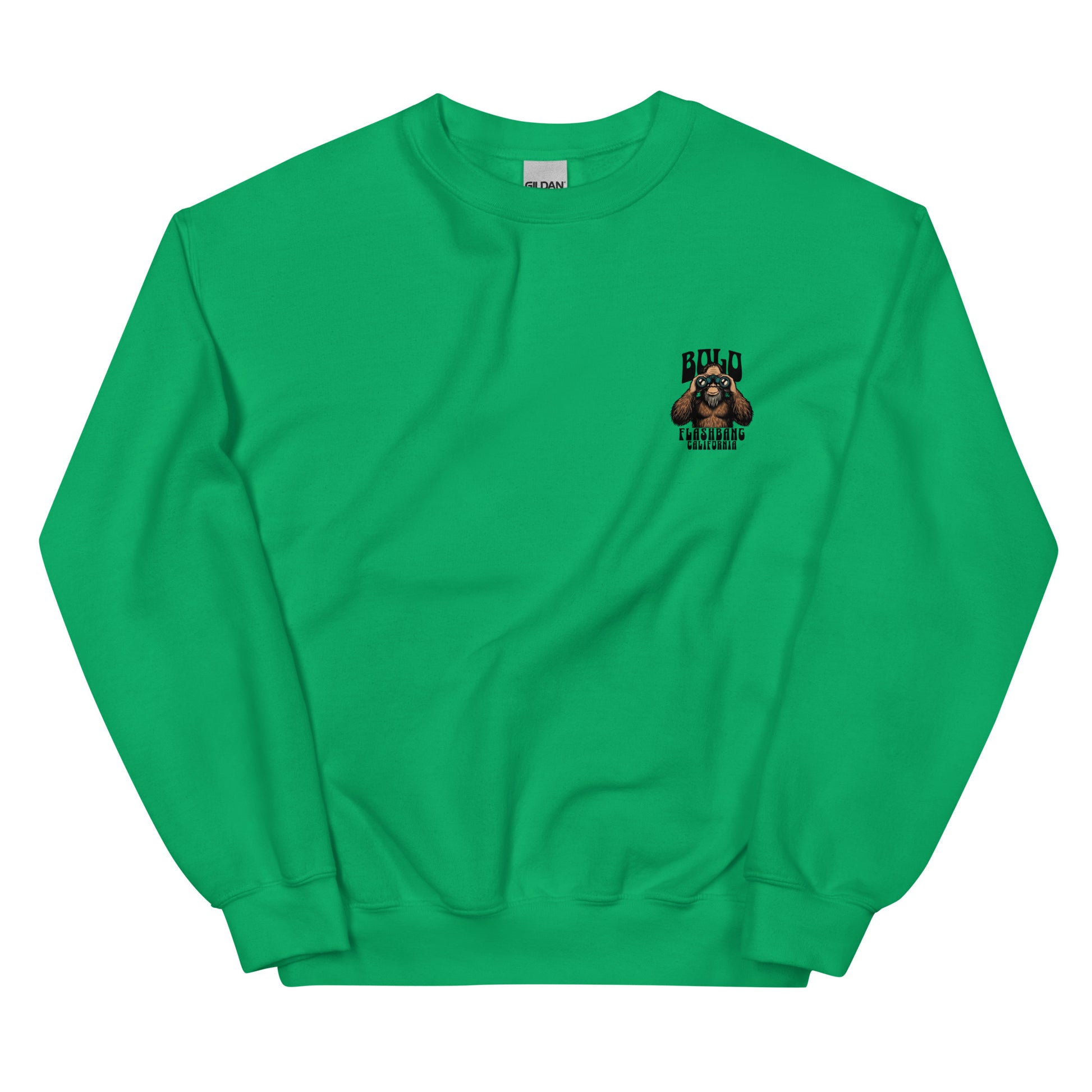 Green sweatshirt with a small logo on the chest against a white background
