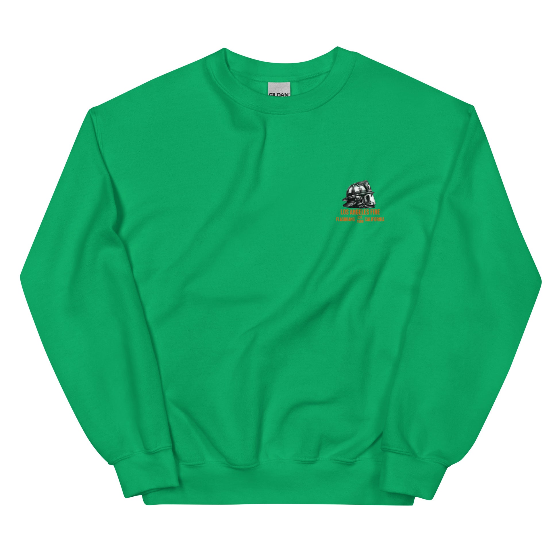 Green sweatshirt with a small logo on the chest against a white background