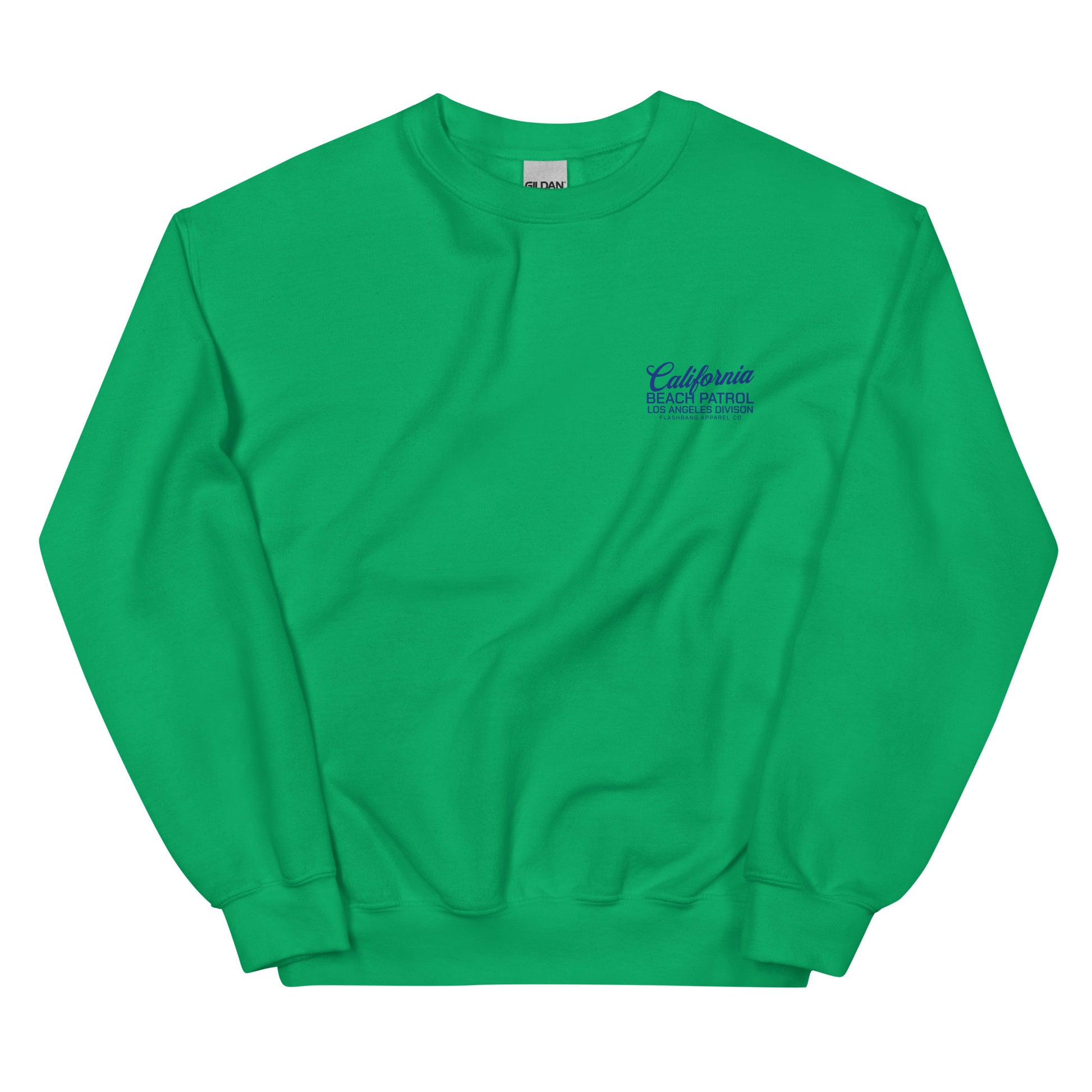 Green sweatshirt with a logo on the chest against a white background