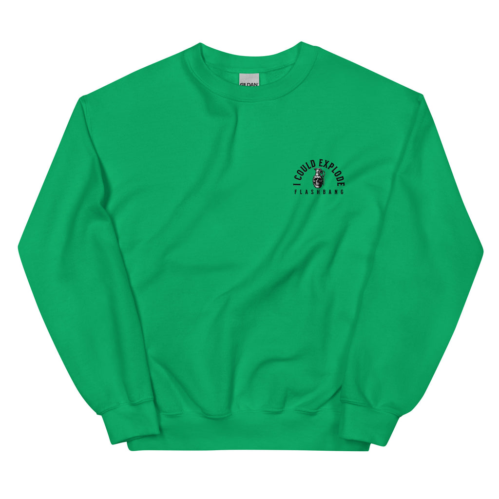 Green sweatshirt with a small logo on the chest against a white background