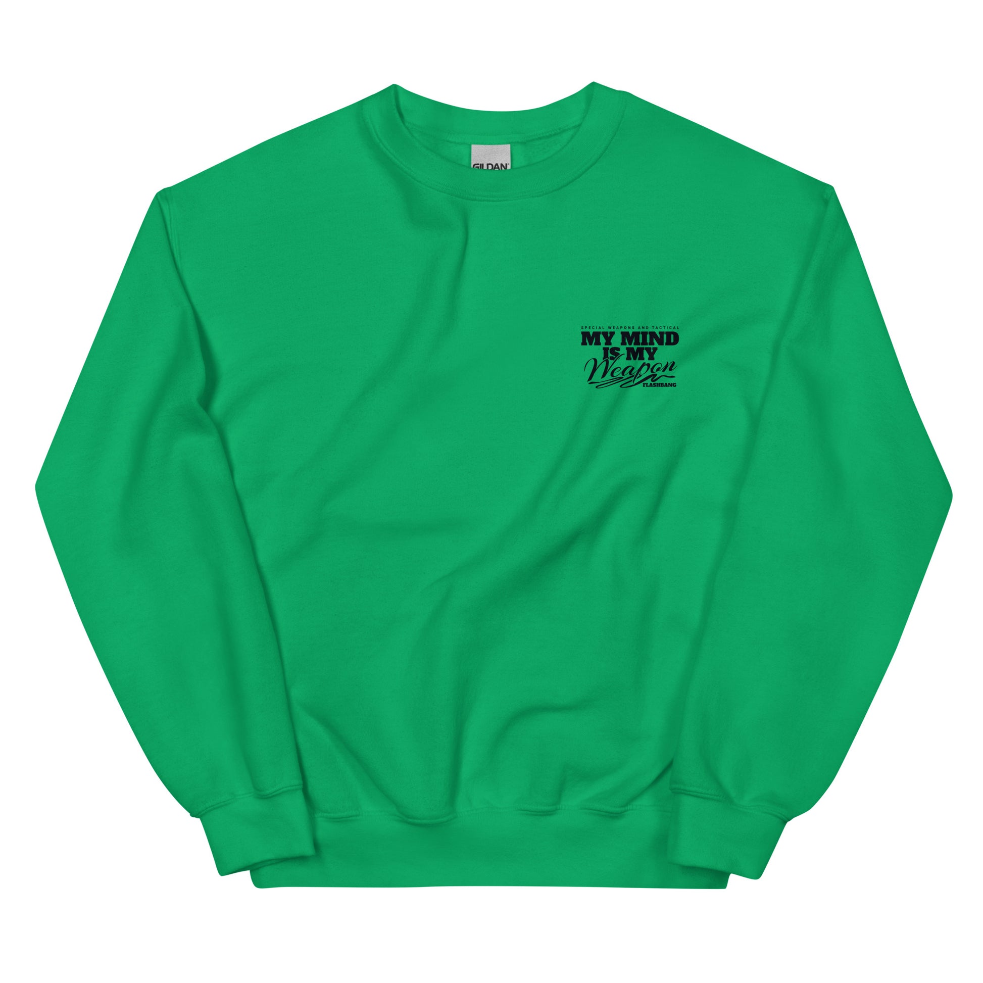 Green sweatshirt with black text on a white background