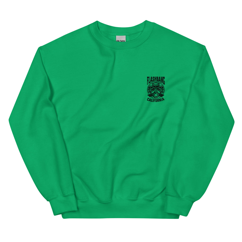 Green sweatshirt with a small logo on the chest against a white background