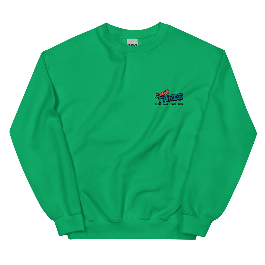 Green sweatshirt with a logo on the chest against a white background