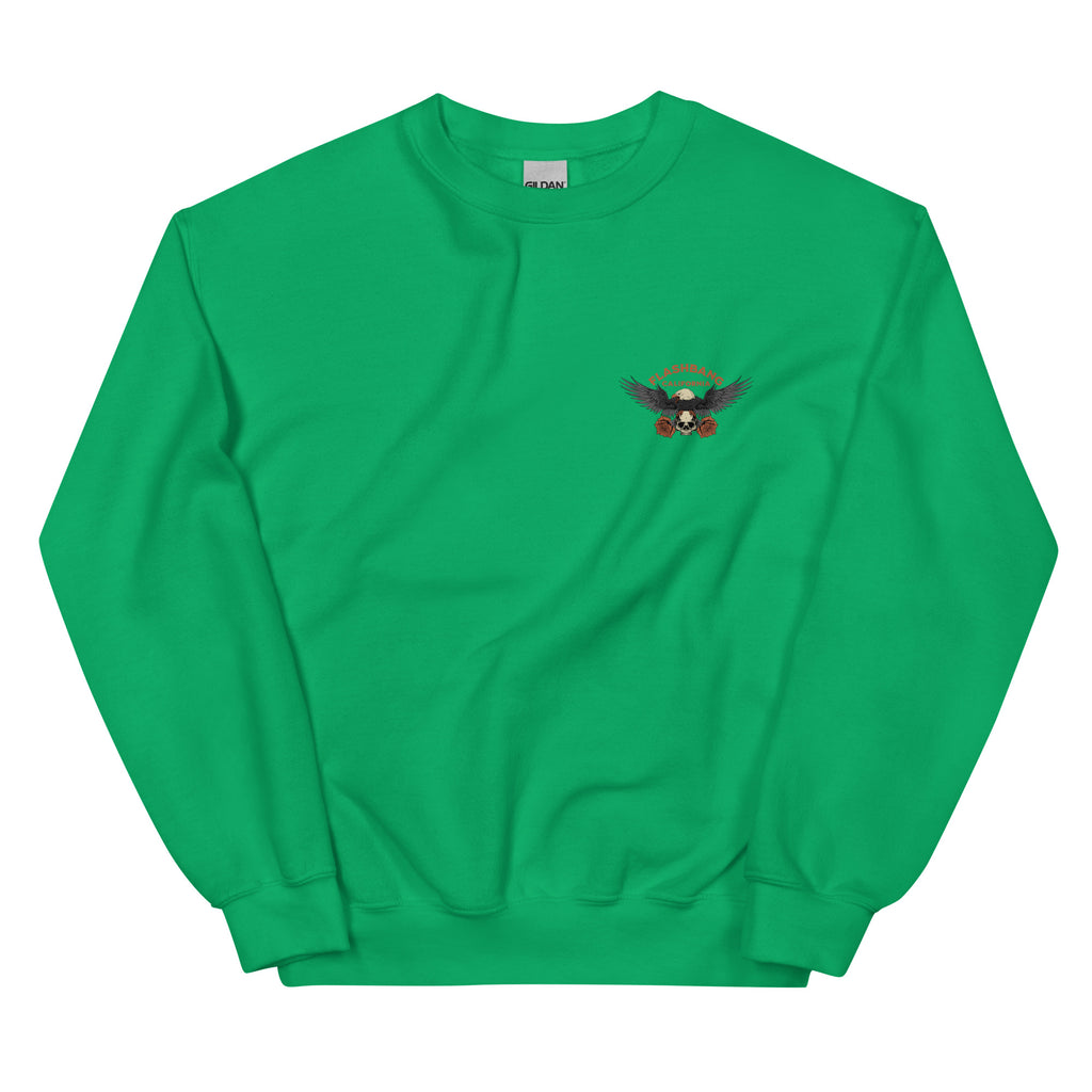 Green sweatshirt with a small logo on the chest against a white background