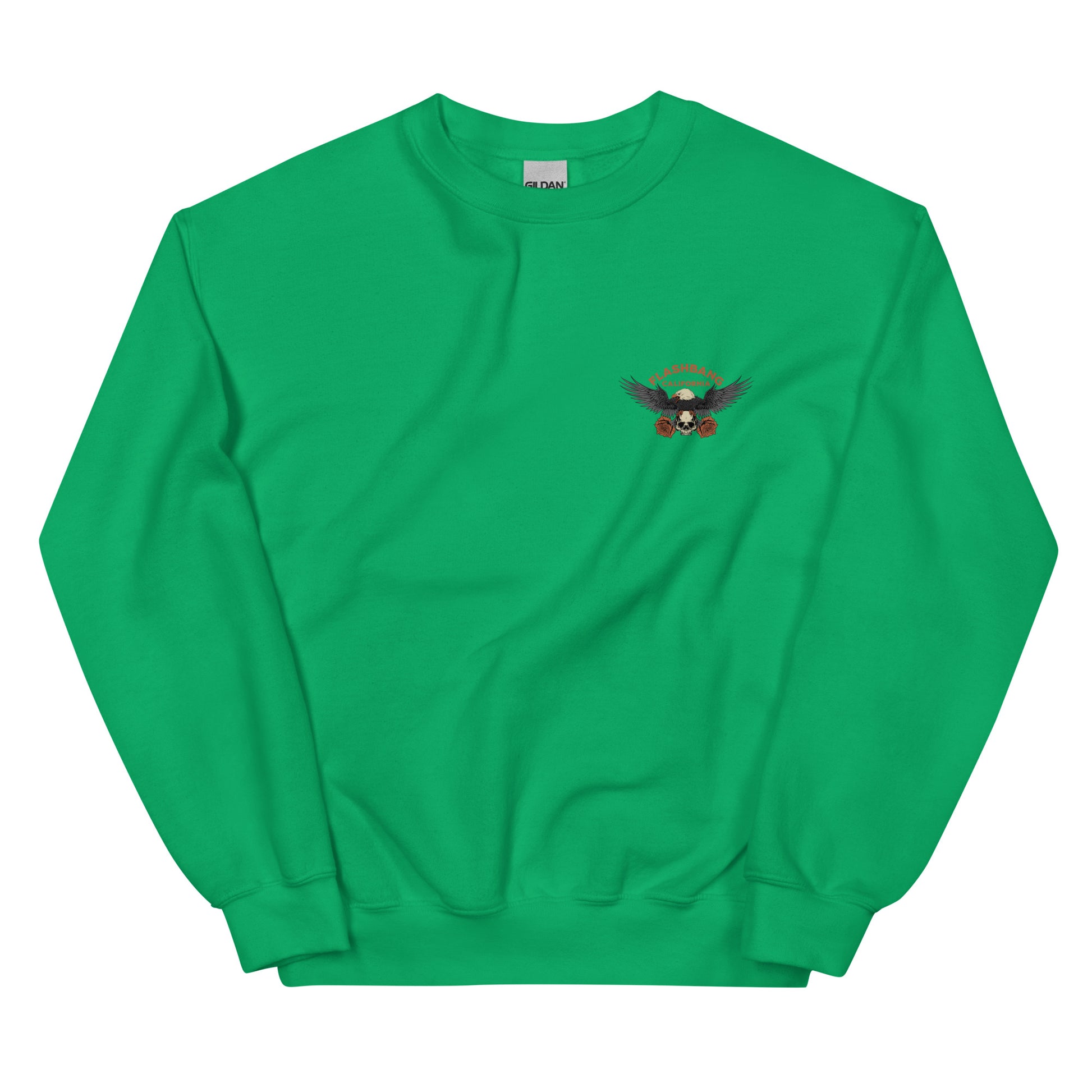 Green sweatshirt with a small logo on the chest against a white background