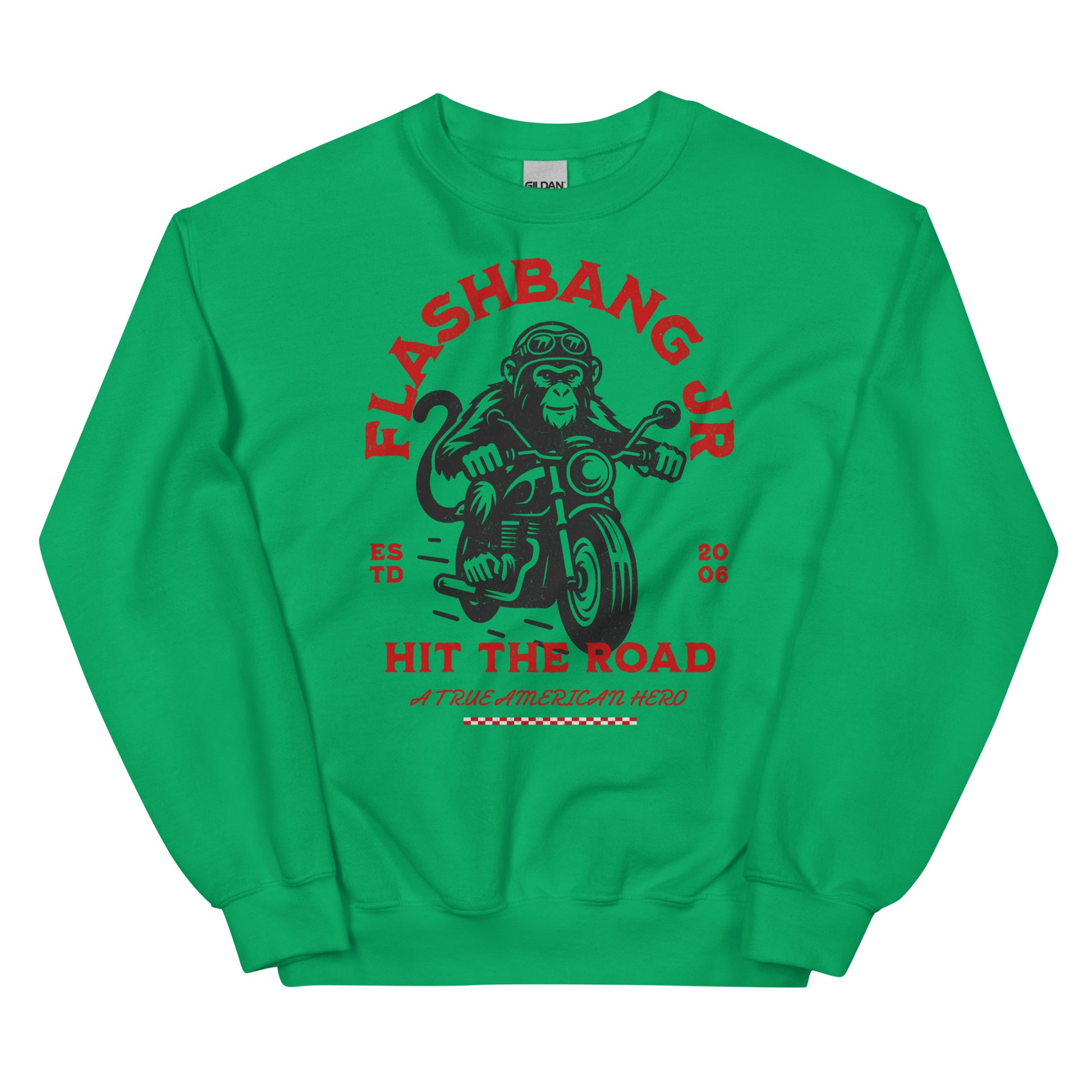 Green sweatshirt with monkey on a motorcycle graphic and text on a white background