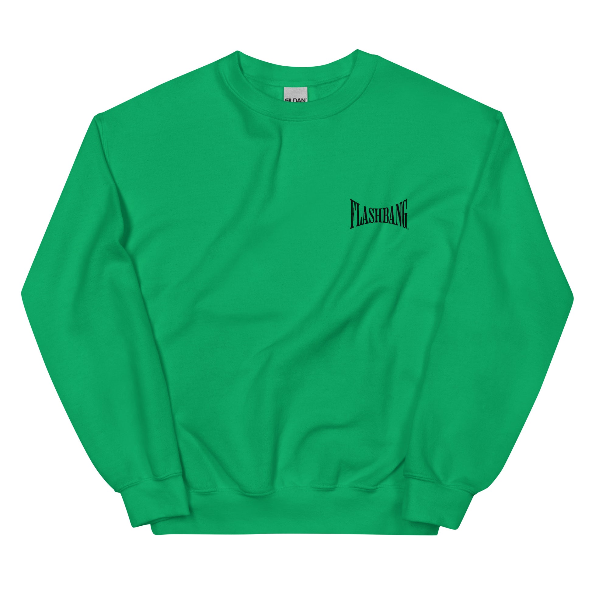 Green sweatshirt with 'FLASHBANG' logo on a white background