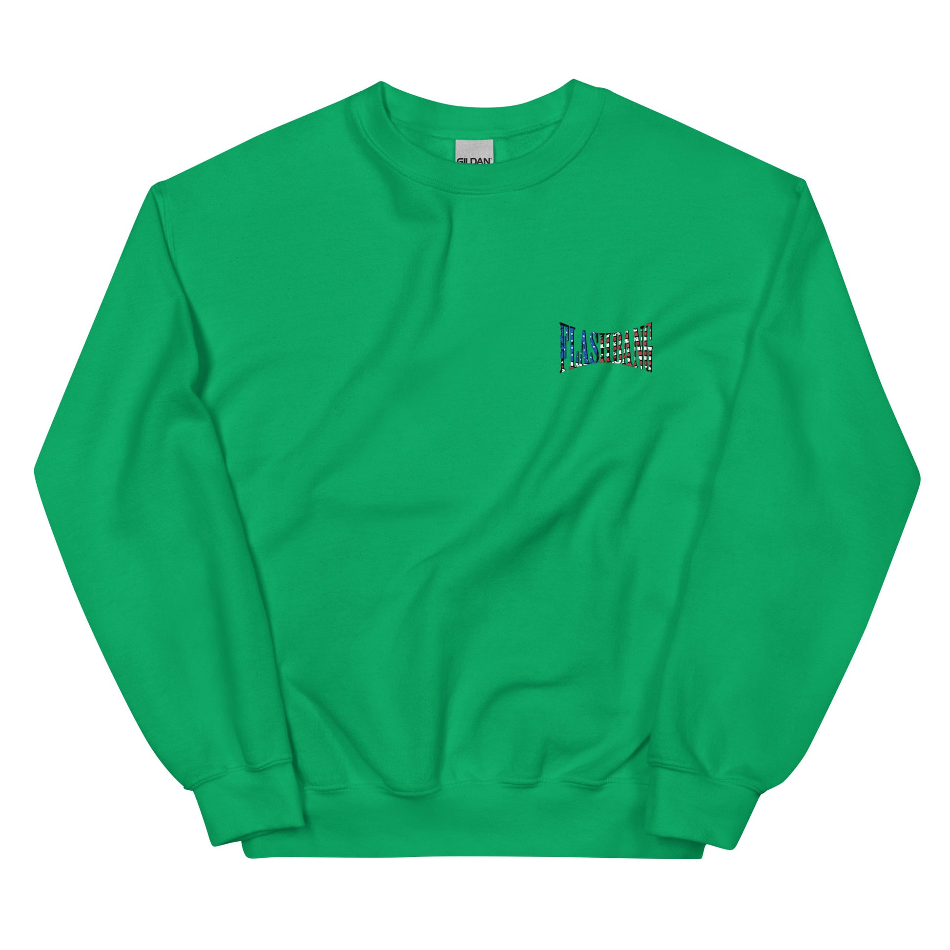 Green sweatshirt with a small logo on the chest against a white background