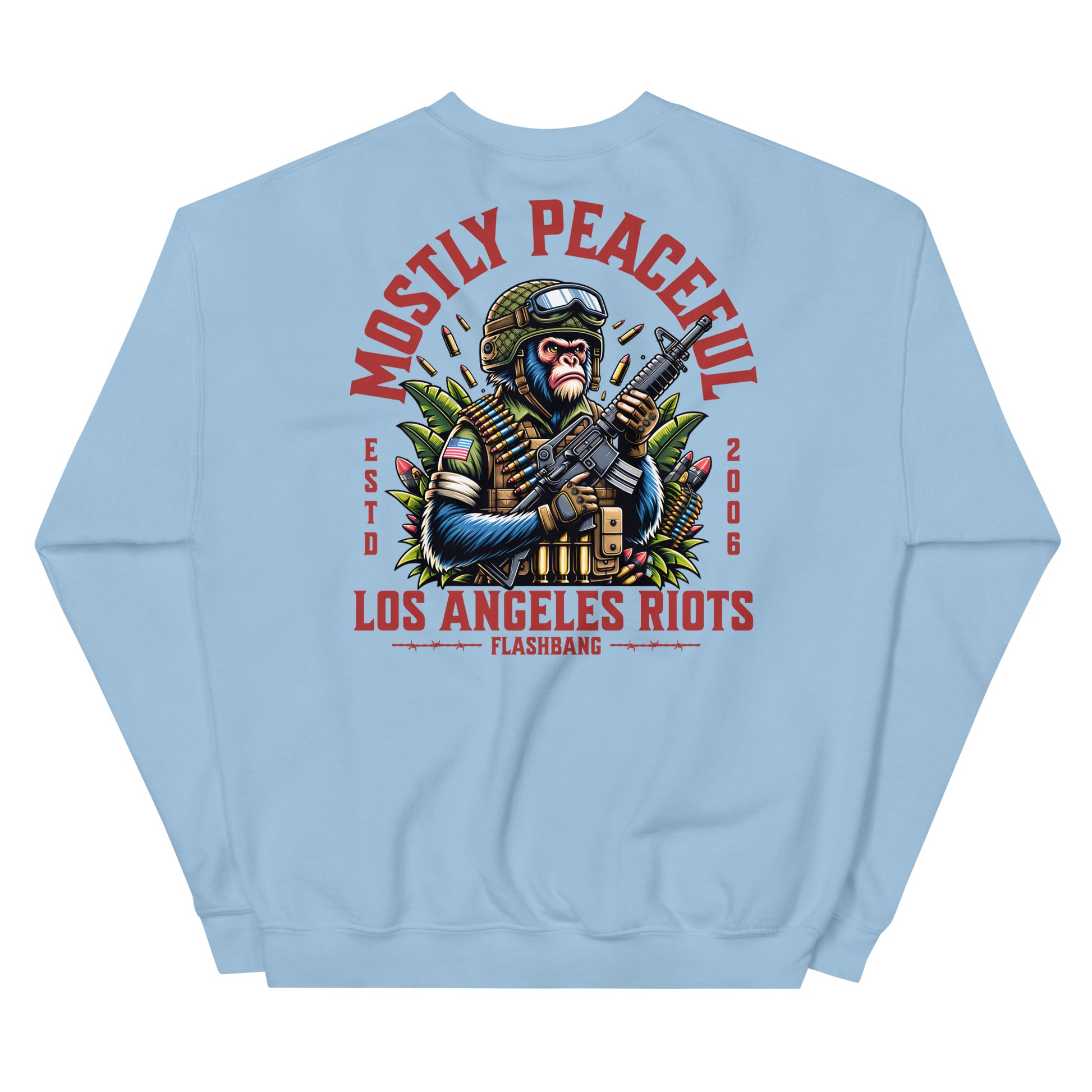 Light blue sweatshirt with graphic design and text on a white background