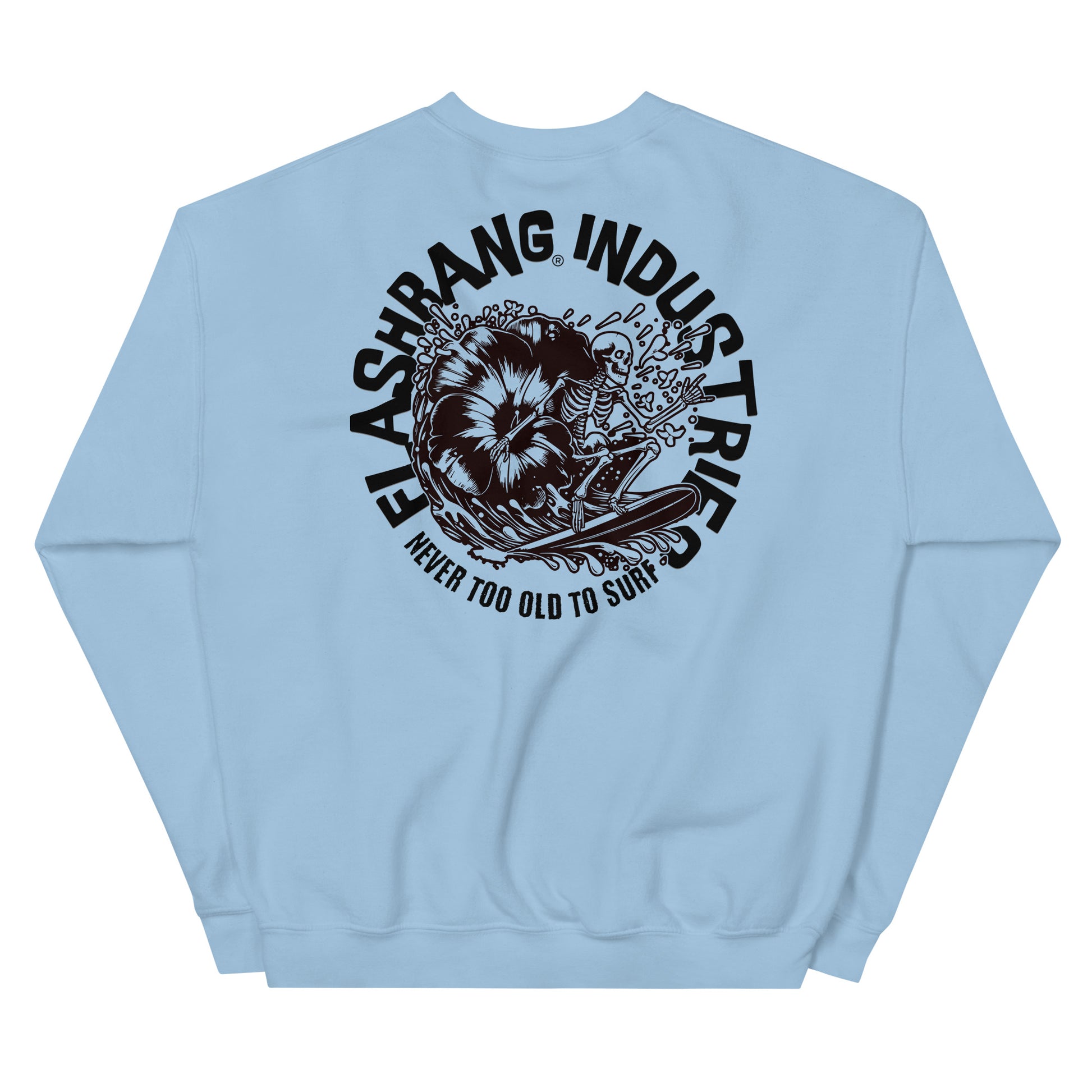 Light blue sweatshirt with black graphic design and text on a white background