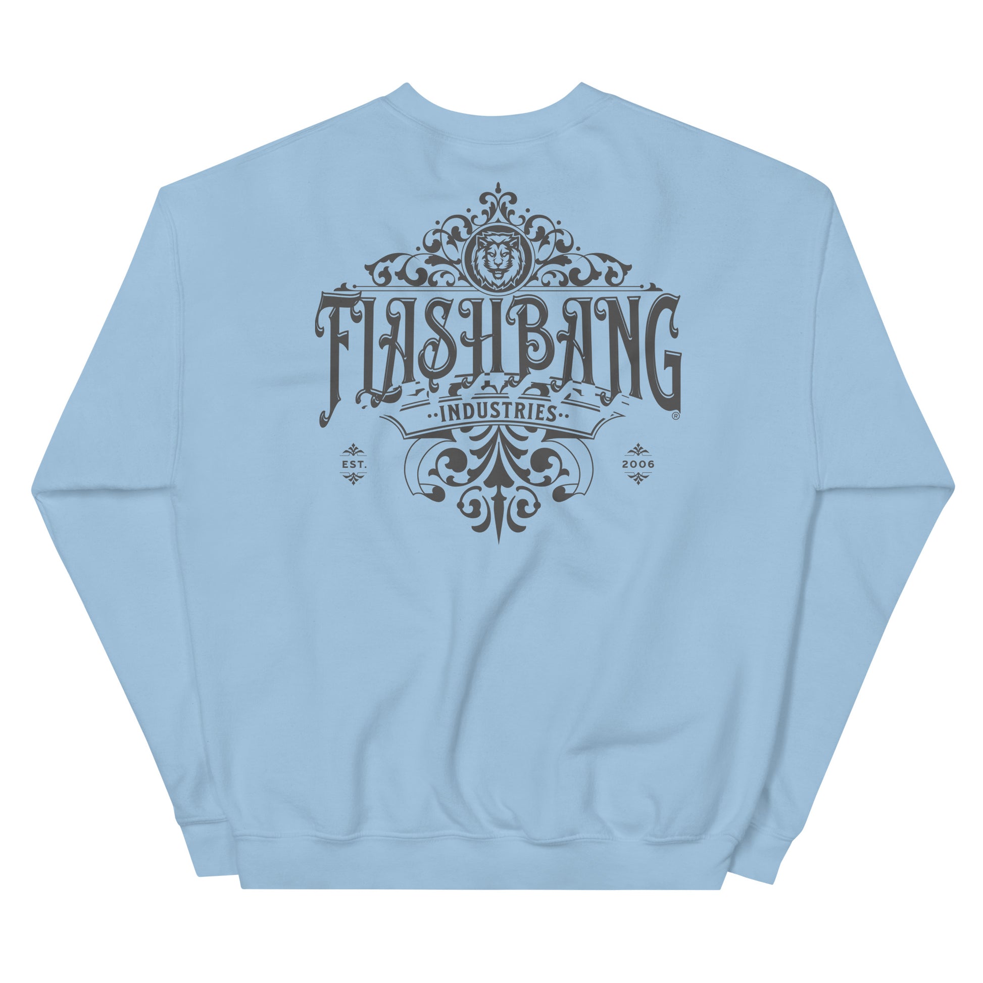 Light blue sweatshirt with 'Flashbang Industries' text and design on the back against a white background