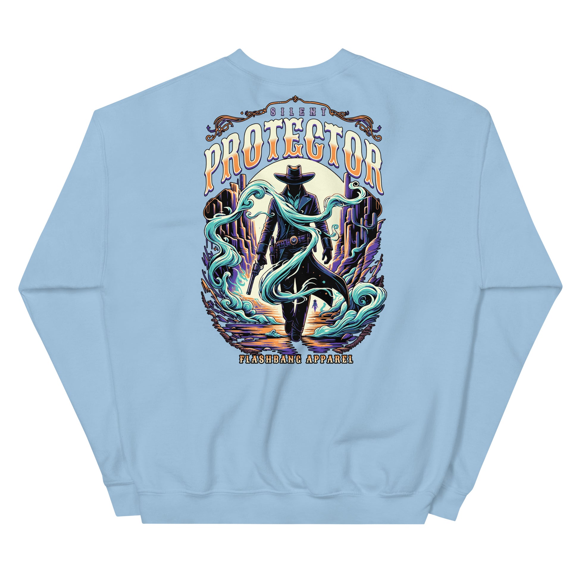 Light blue sweatshirt with a graphic design on the back featuring a cowboy and text.