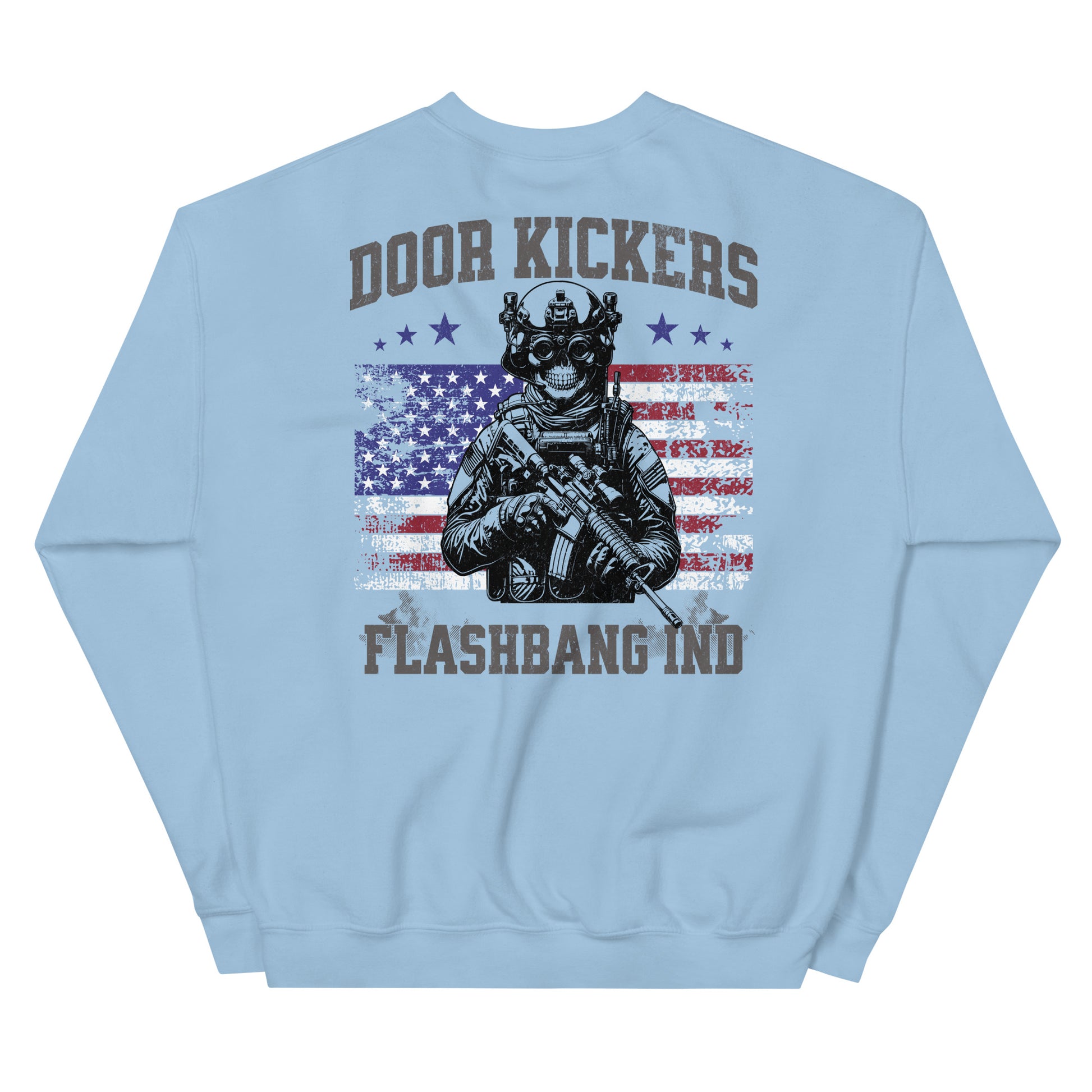 Light blue sweatshirt with graphic design of a soldier and American flag, text 'Door Kickers' and 'Flashbang Industries'.