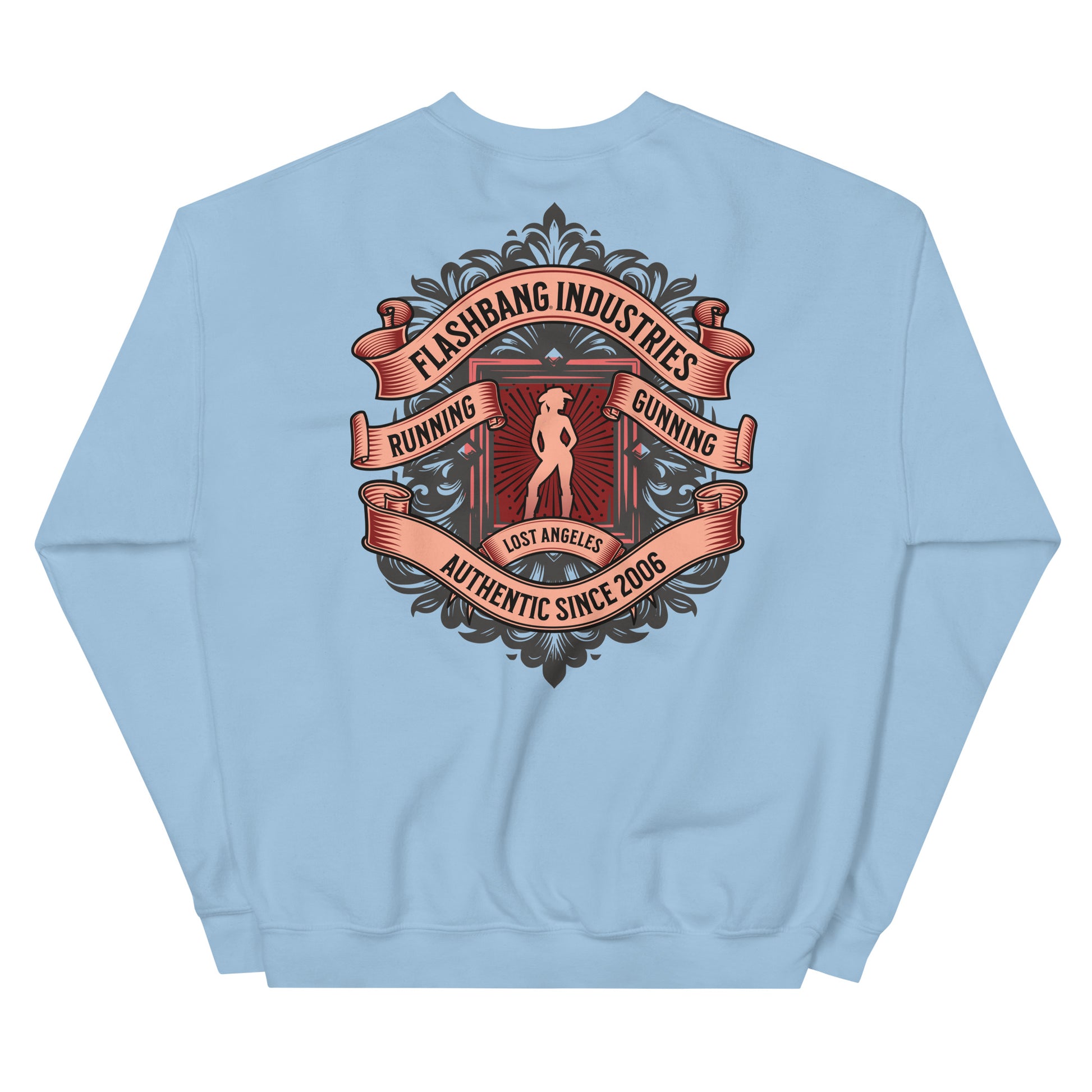 Light blue sweatshirt with a graphic design on the back featuring text and a silhouette.