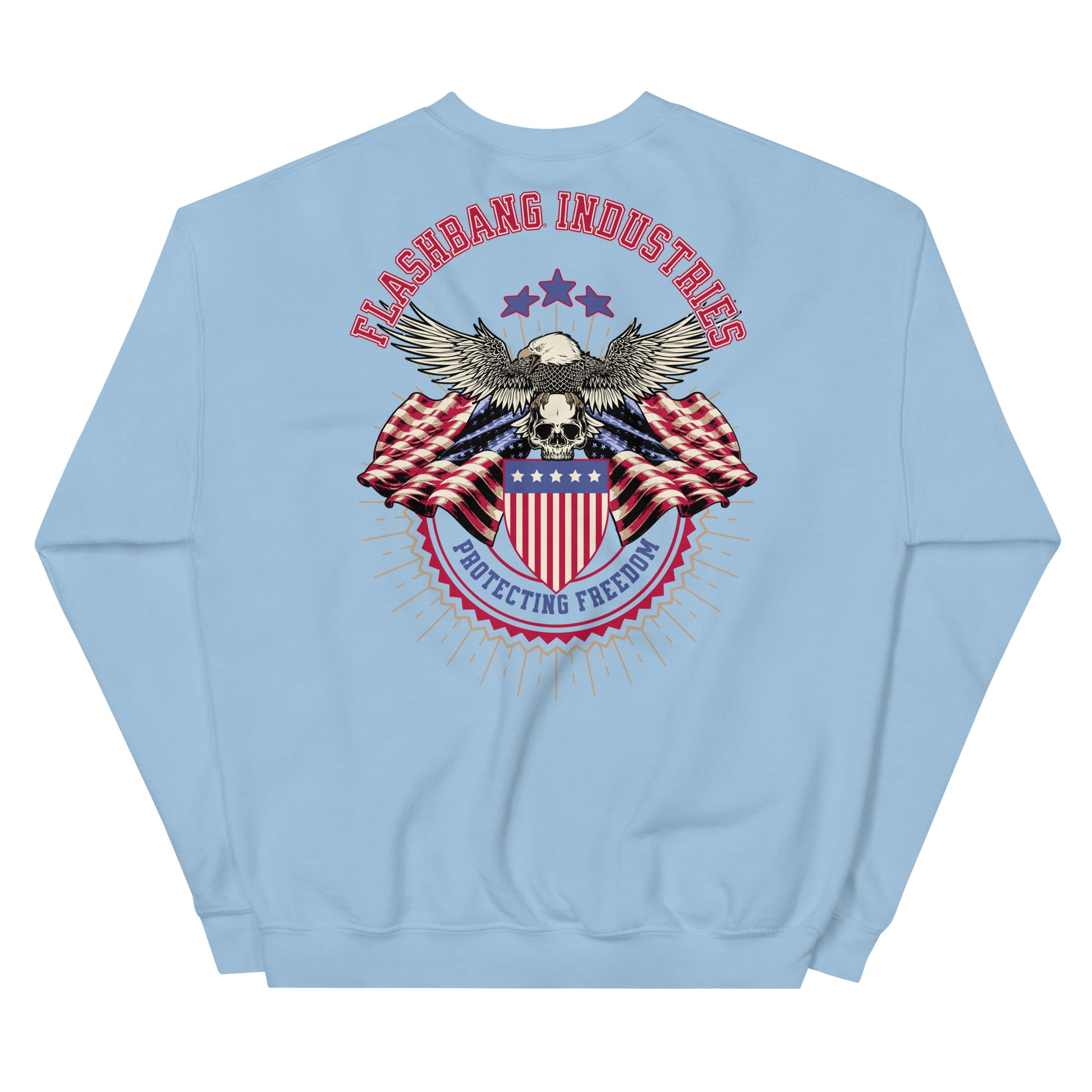 Light blue sweatshirt with an eagle and American flag design on the back, featuring the brand 'Flashbang Industries'.