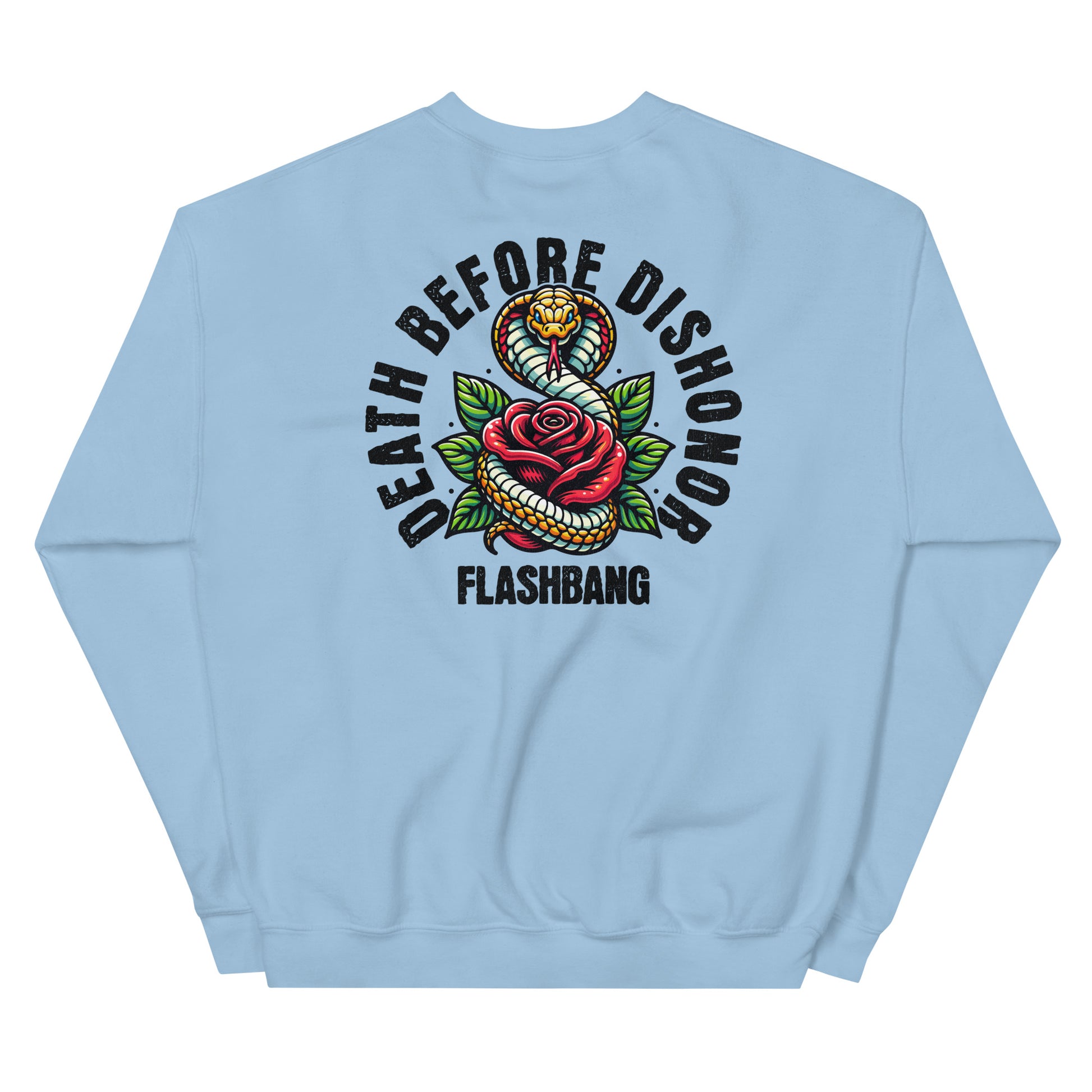 Light blue sweatshirt with a snake and rose design and text on the back against a white background