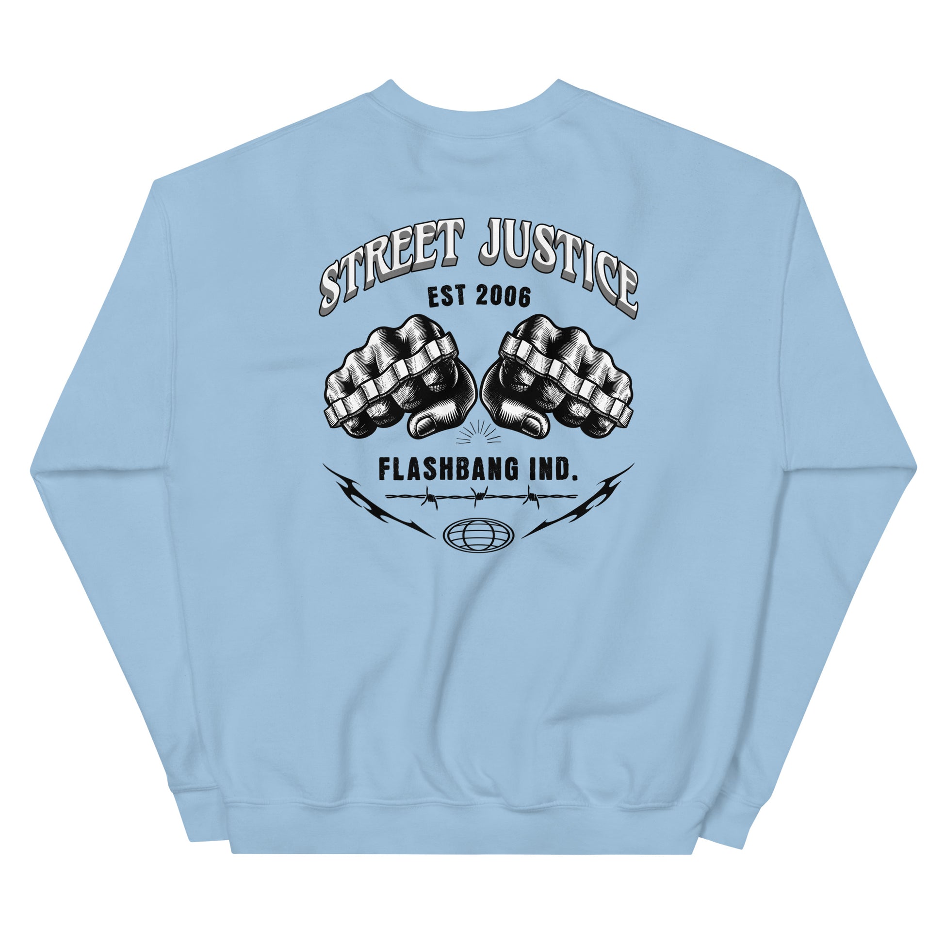 Light blue sweatshirt with black graphic design on the back