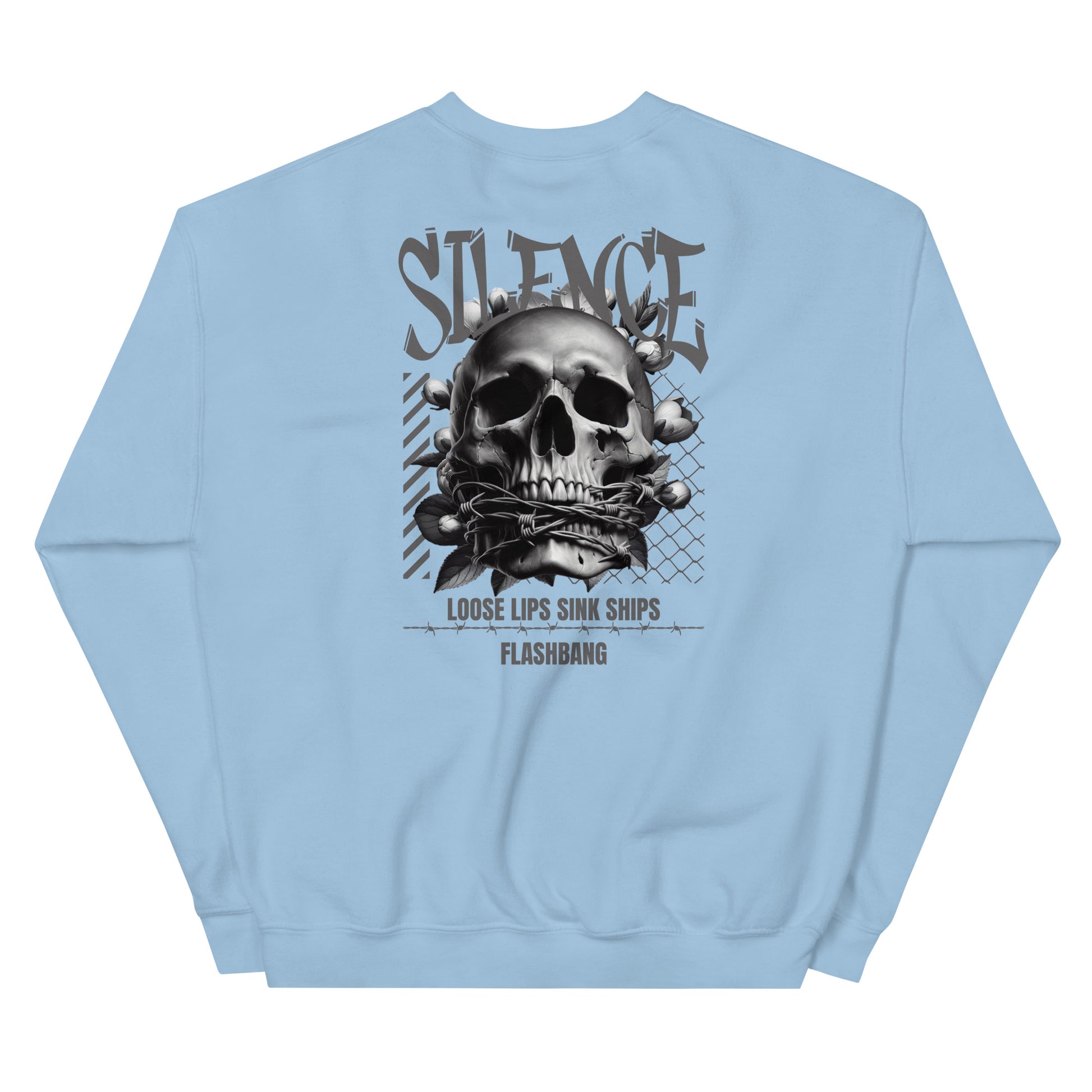 Light blue sweatshirt with a skull graphic and text on the back against a white background