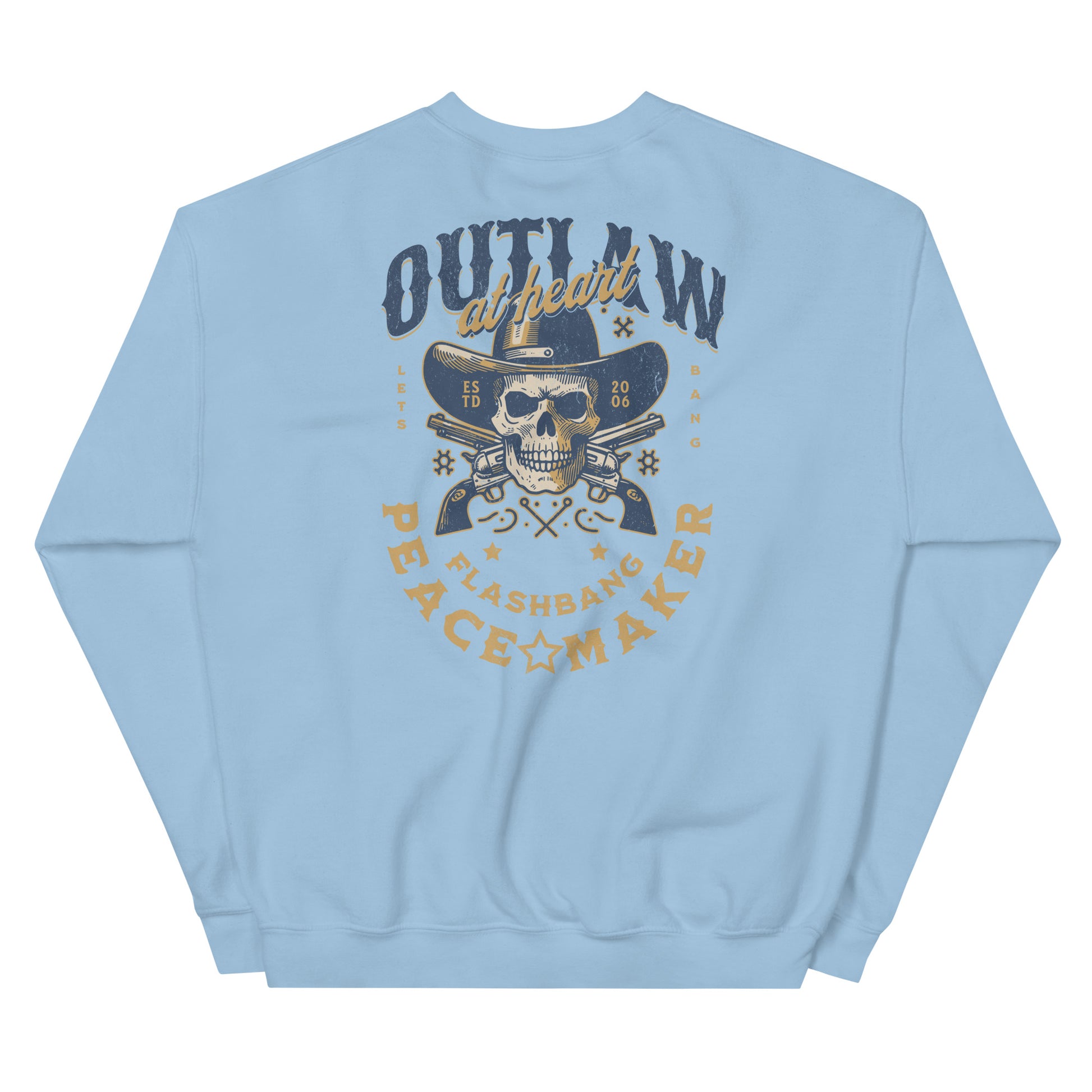Light blue sweatshirt with a graphic design on the back featuring a skull and text.