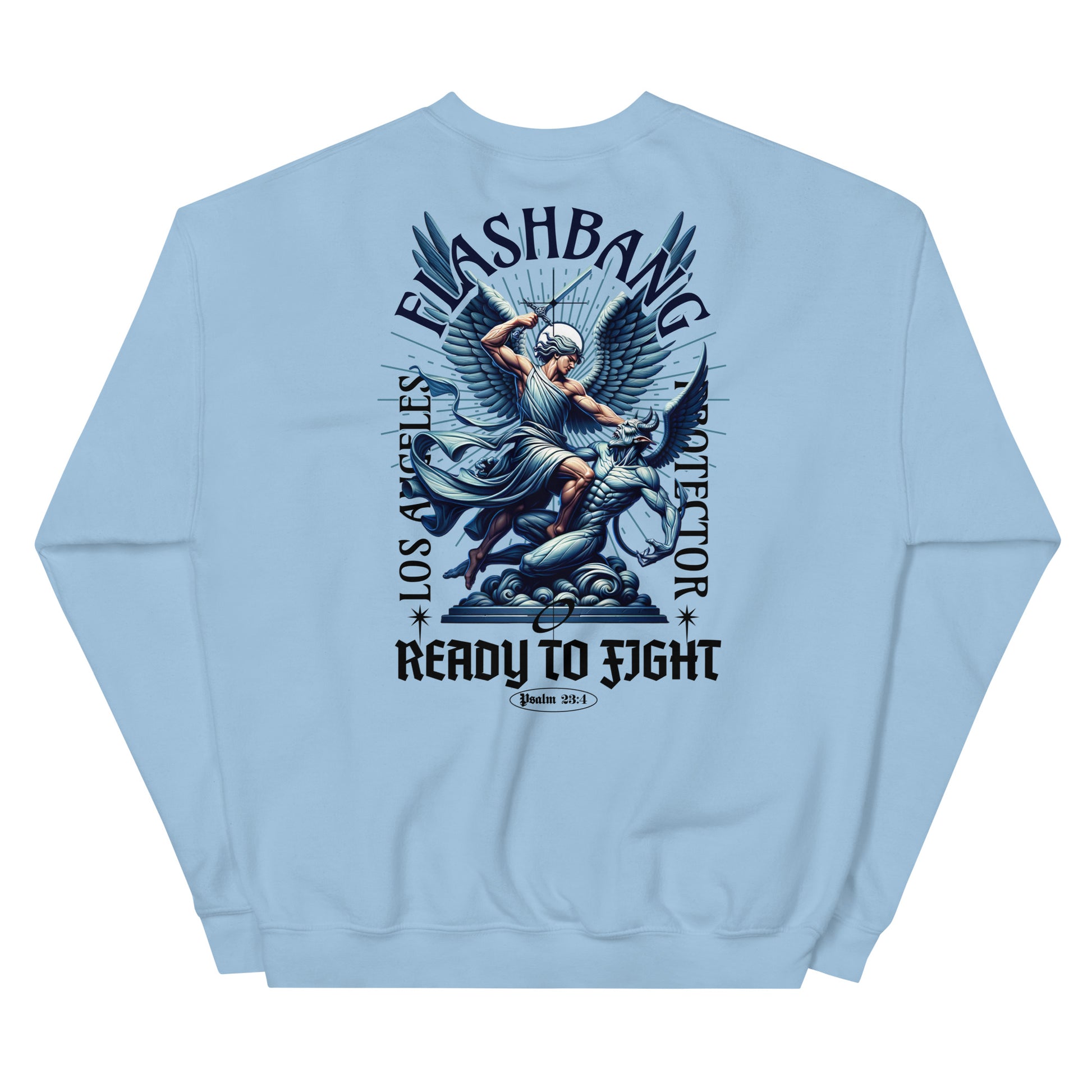 Light blue sweatshirt with graphic design and text on the back