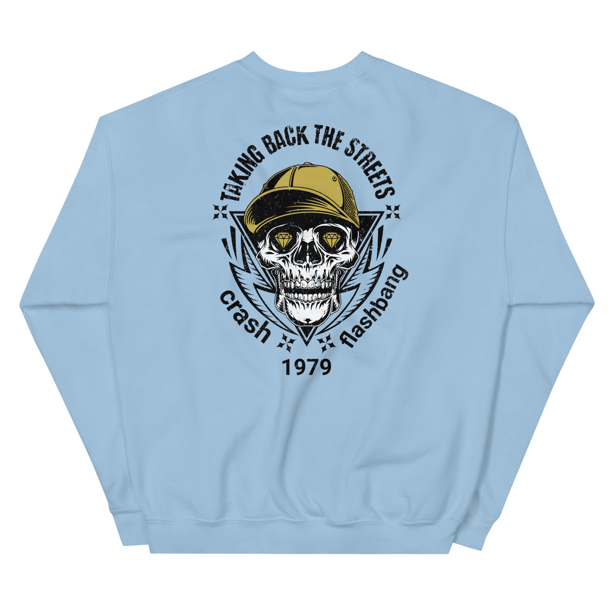 Light blue sweatshirt with a skull graphic and text on the back, on a white background