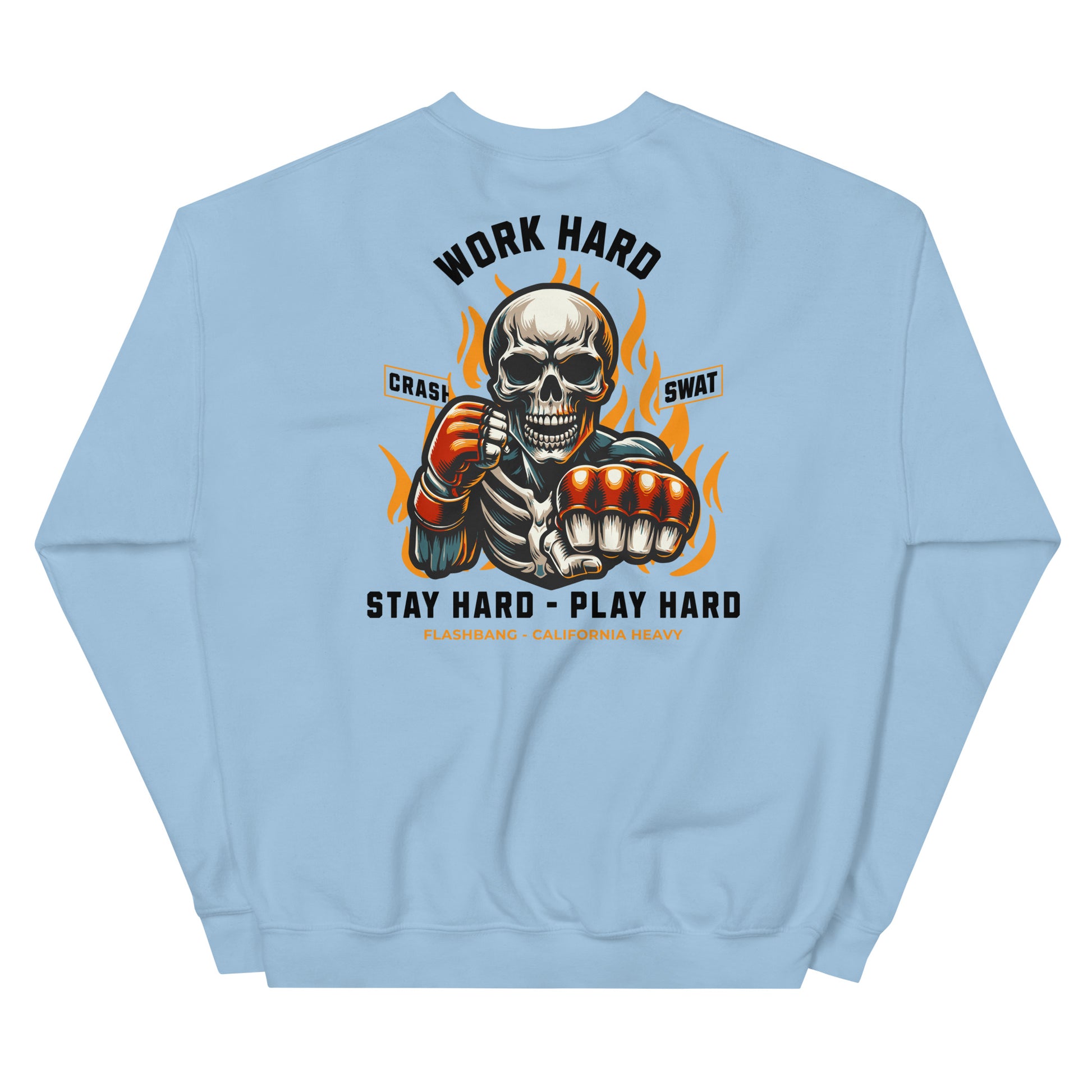 Light blue sweatshirt with a graphic of a skeleton holding boxing gloves and text on the back.