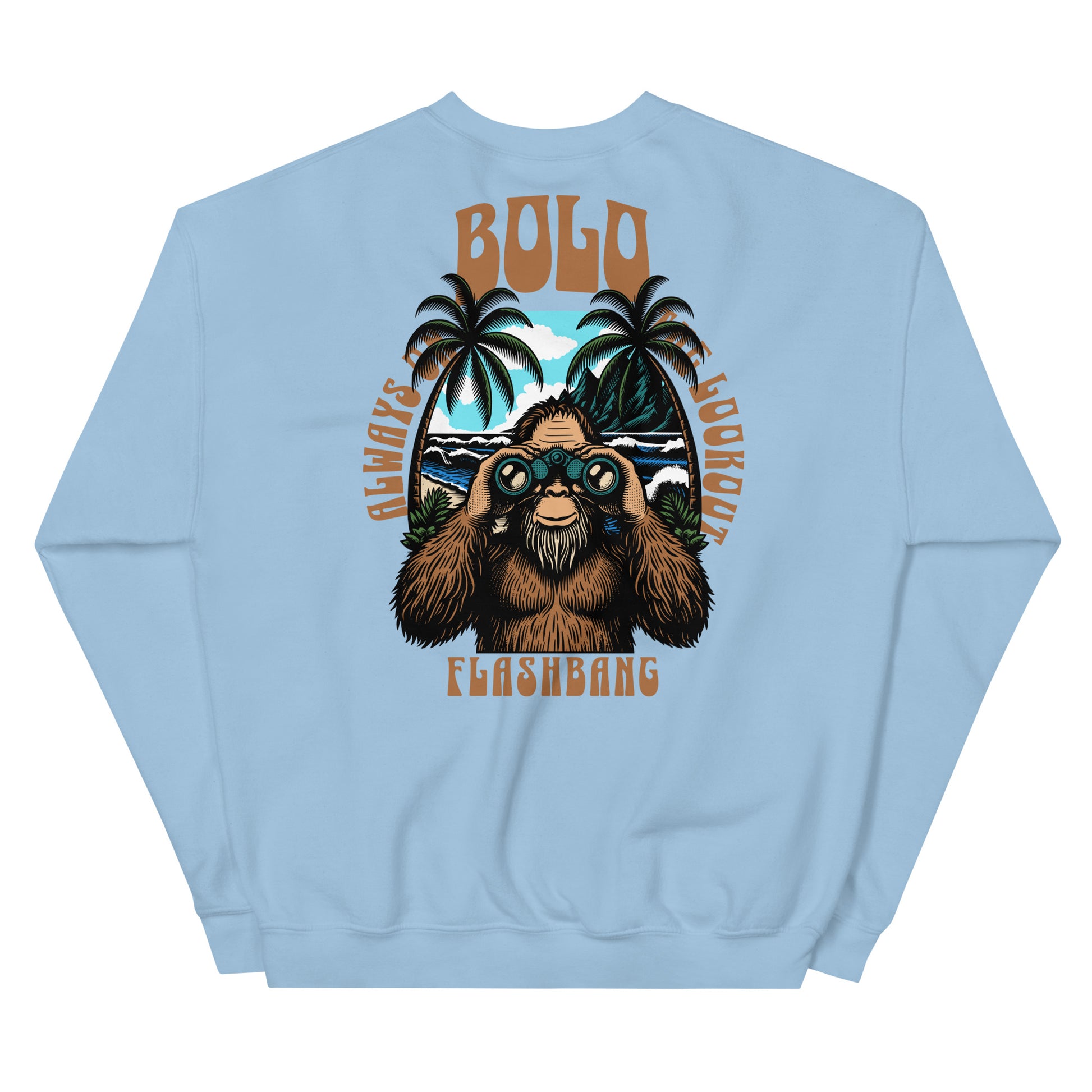 Light blue sweatshirt with a graphic of a bear holding binoculars and palm trees on the back.