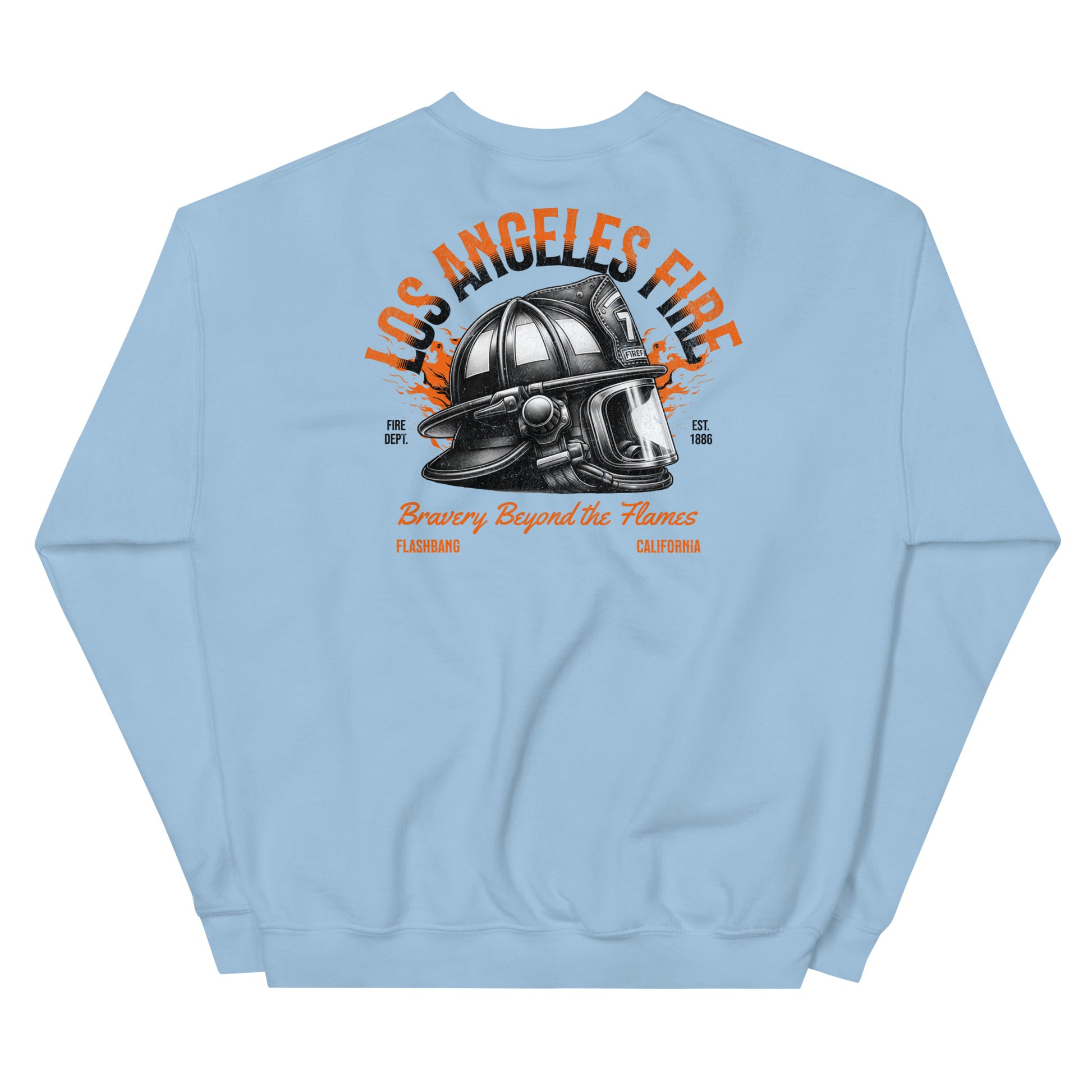 Light blue sweatshirt with a fire helmet graphic and text on the back