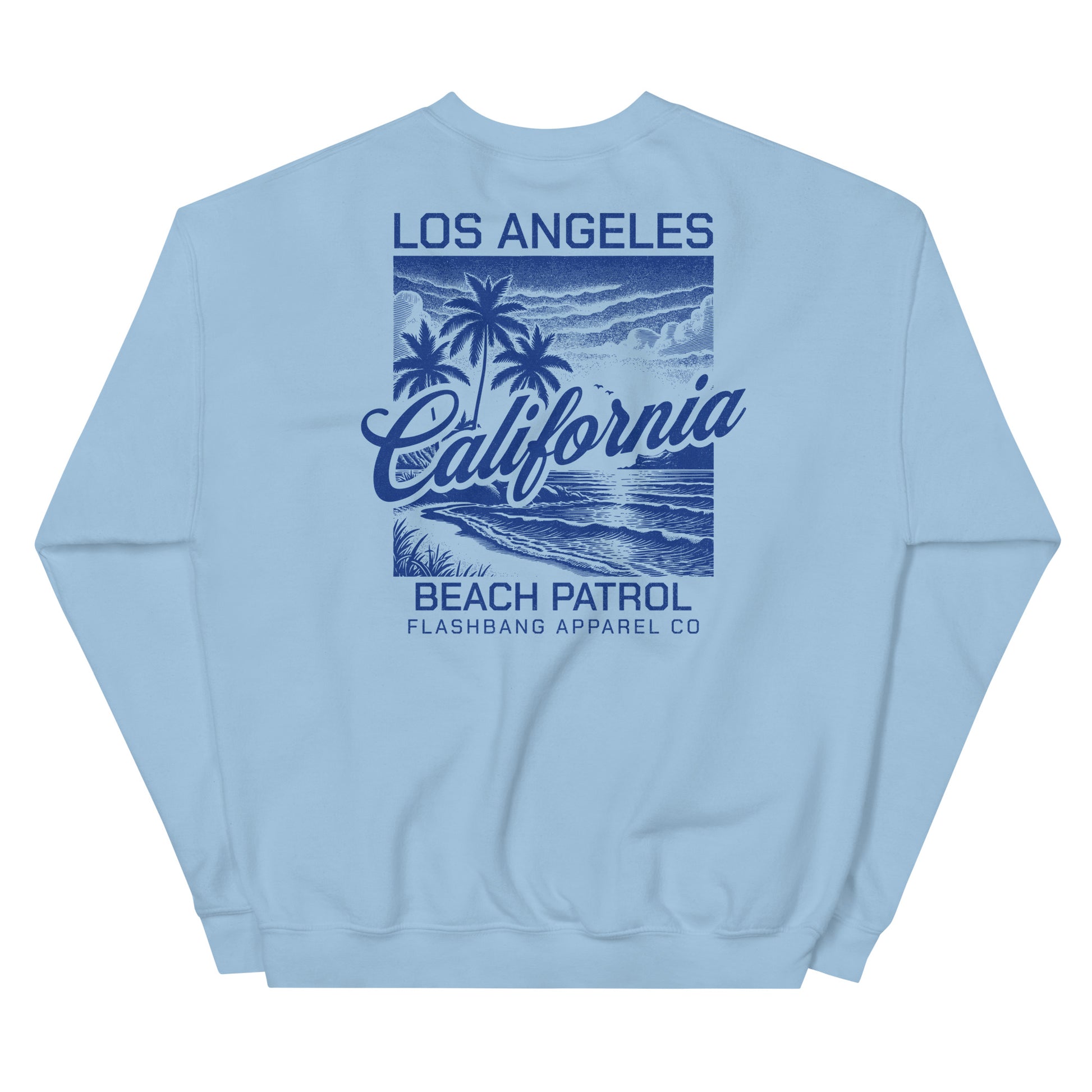 Light blue sweatshirt with 'Los Angeles California' and beach patrol design on the back, brand 'Flashbang Apparel Co.' visible.