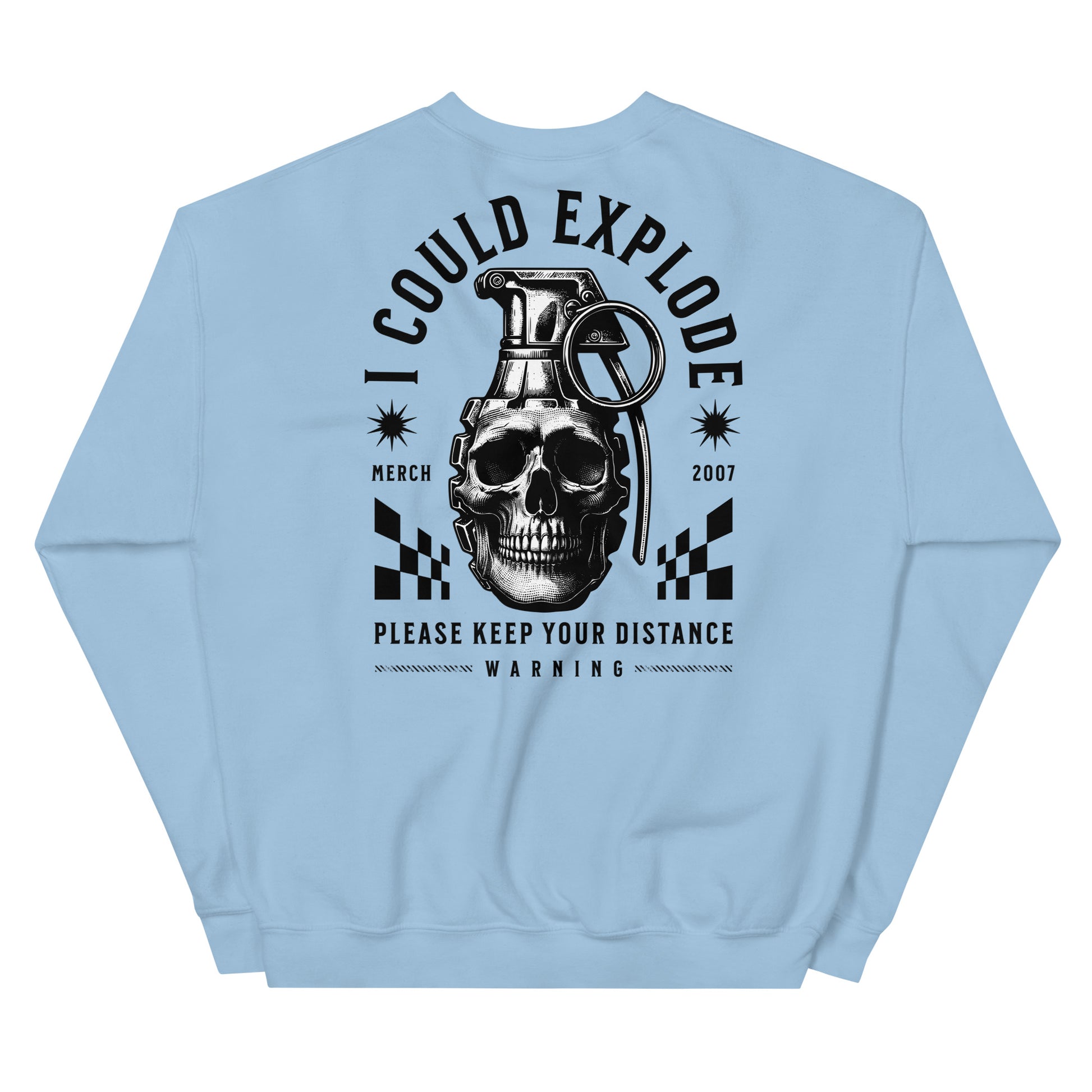 Light blue sweatshirt with black graphic design featuring a skull and grenade on a white background