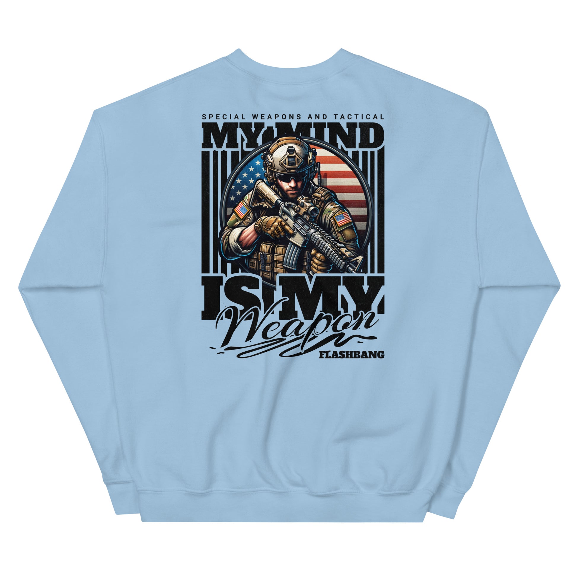 Light blue sweatshirt with a graphic of a soldier and text on the back, on a white background.