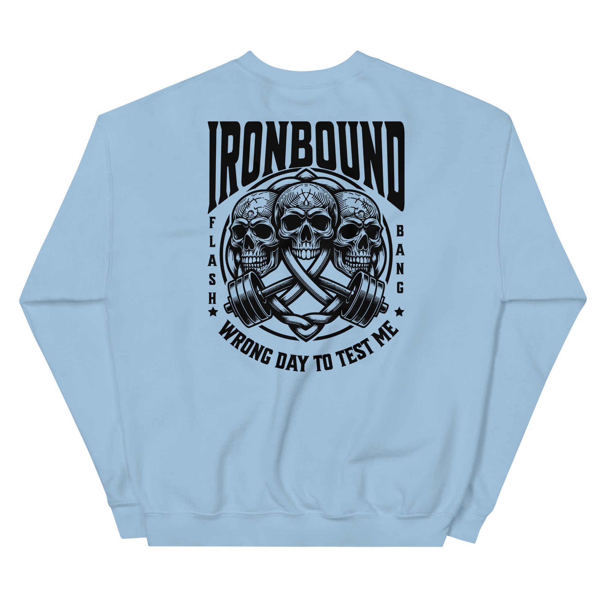 Light blue sweatshirt with black graphic design on the back featuring skulls and text.